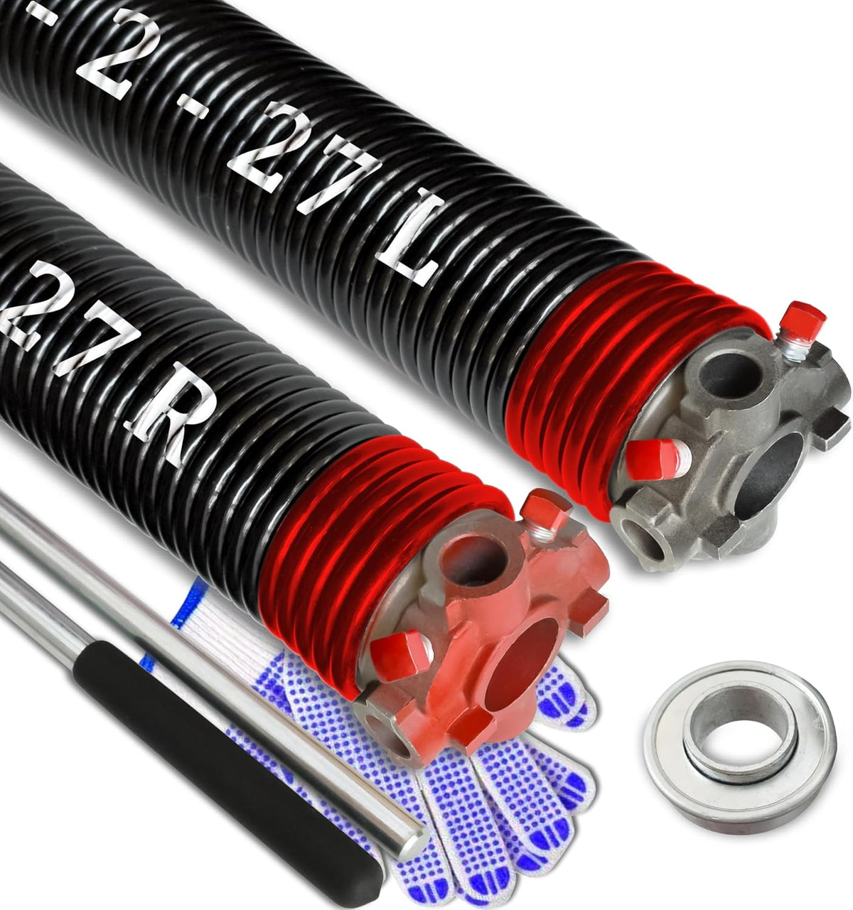 Garage Door Torsion Spring Set, Pair of 2" Electrophoresis Coated Garage Door Spring Replacement with 2 Non-Slip Winding Bars and Bearing, Minimum 16000 Cycles (.225x2x27")