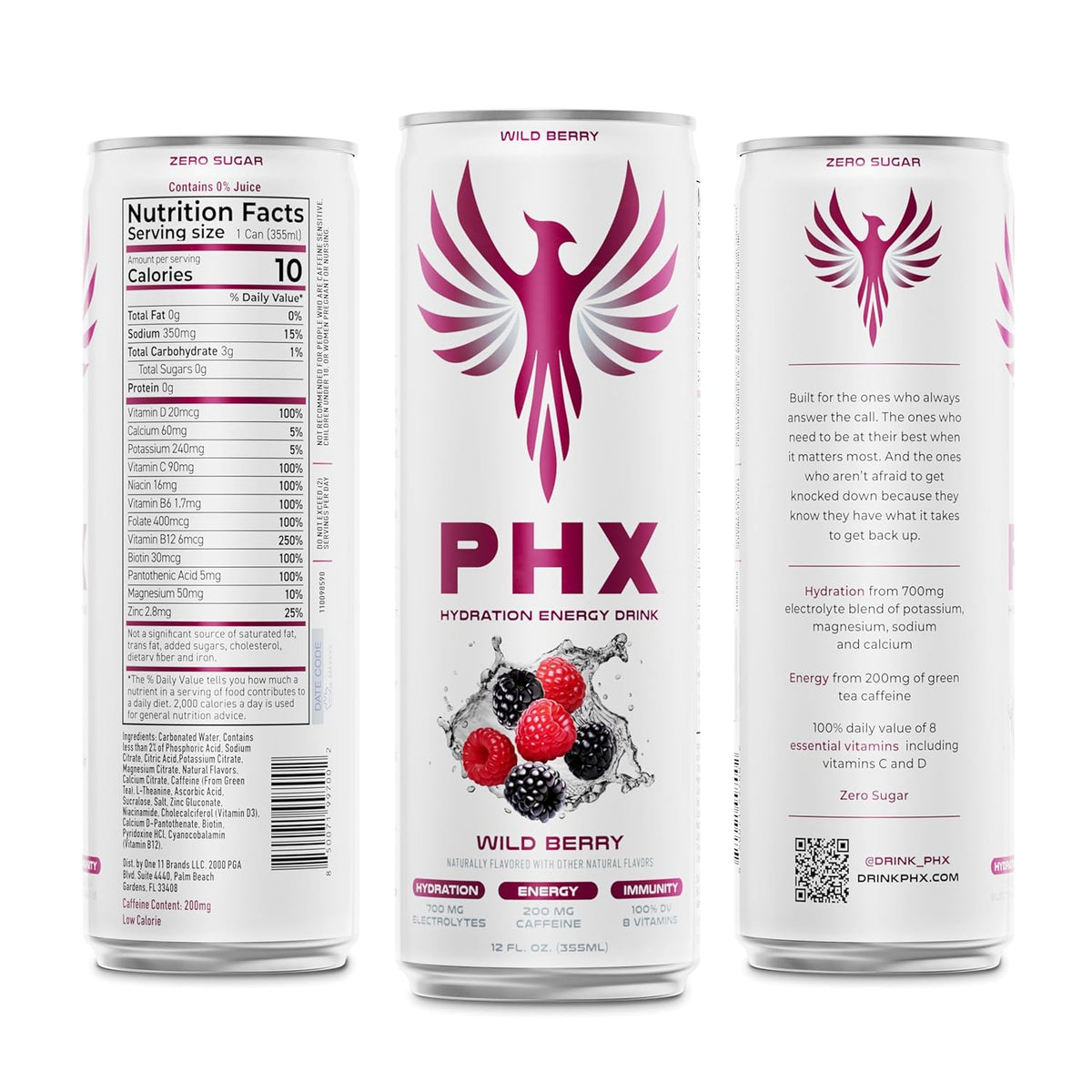 PHX Hydration Energy Drink - 700mg Electrolytes, 200mg Natural Green Tea Caffeine, 100% Daily Value 8 Essential Vitamins - 12 oz Cans (12 Pack) (12 Pack, Wild Berry)