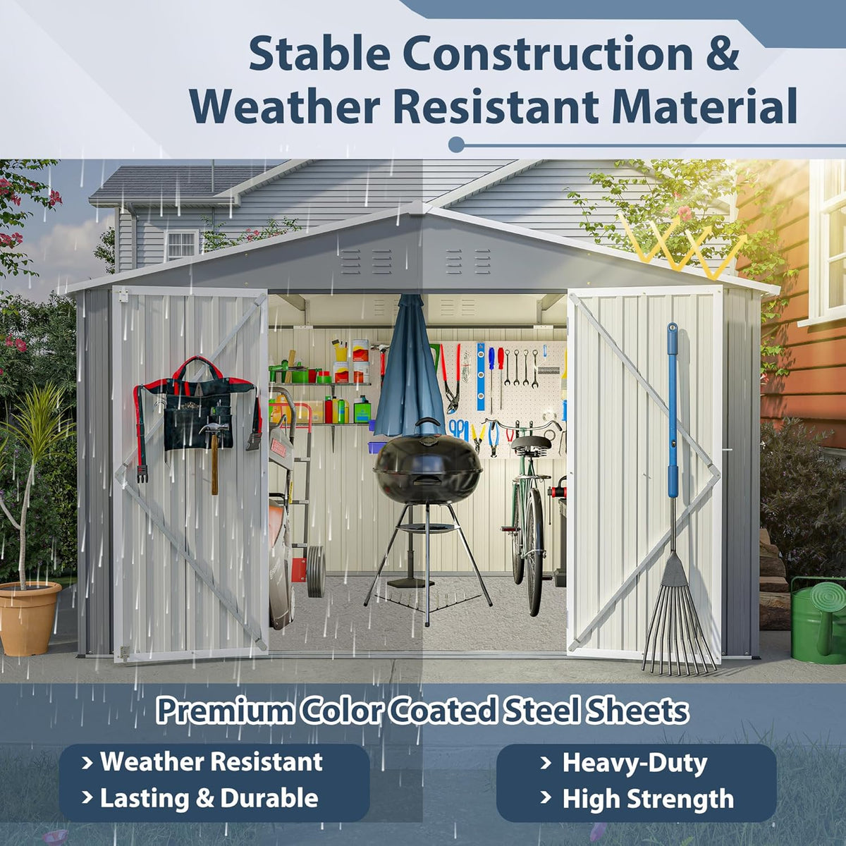 10X8 FT Outdoor Tool Storage Shed with Metal Foundation & Lockable Doors, All Weather Metal Sheds for Garden, Patio, Backyard, Lawn