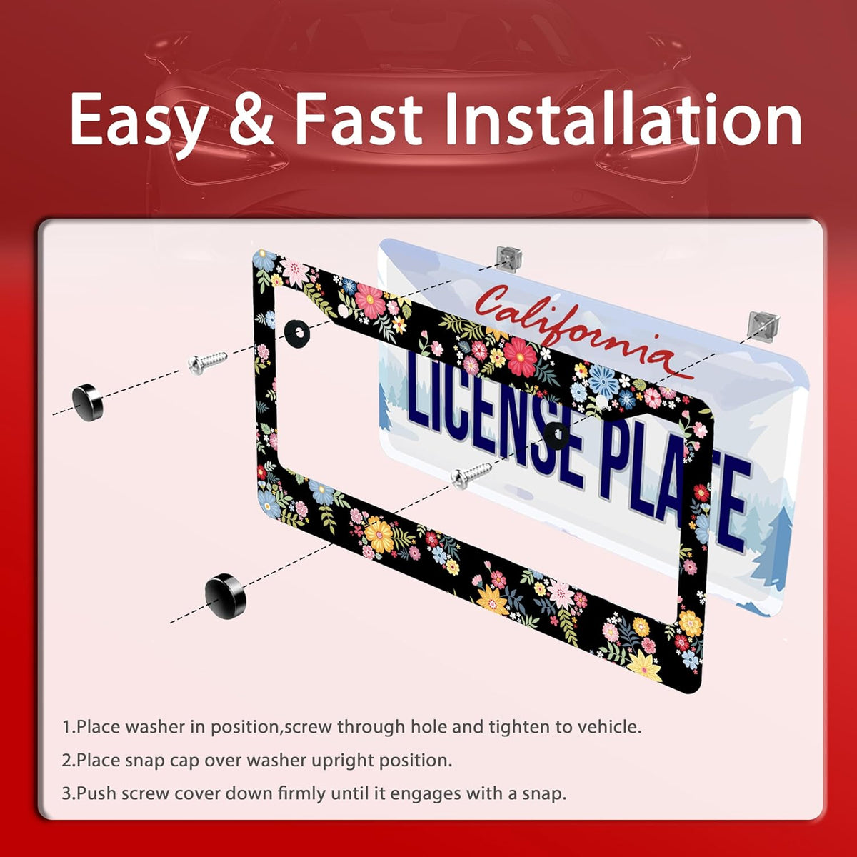 Colorful Flowers License Plate Frame Beautiful Floral License Plate Frames Stainless Steel Accessories Cars Decor with 2 Holes and Screws Fits Standard US CA Vehicles Size 12.2 x 6 Inches