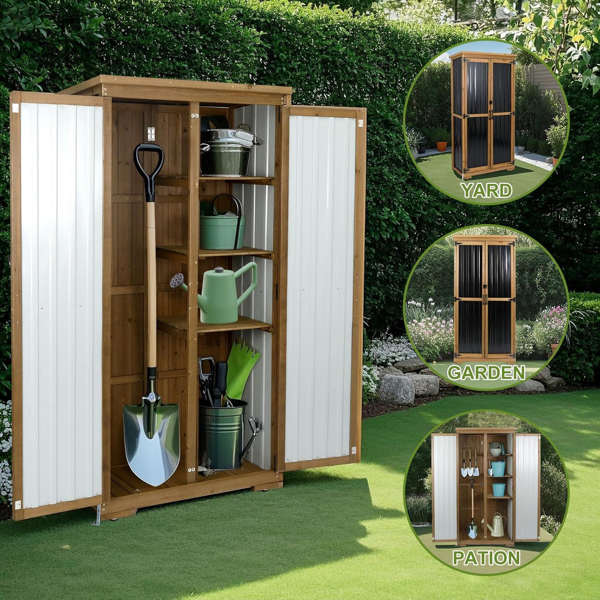 Outdoor Storage Cabinet Weatherproof,Wood & Metal Storage Shed with Adjustable Shelves & Lockable Doors,Vertical Outdoor Cabinets for Backyard Patio, Gardening Tools and Accessories,Brown