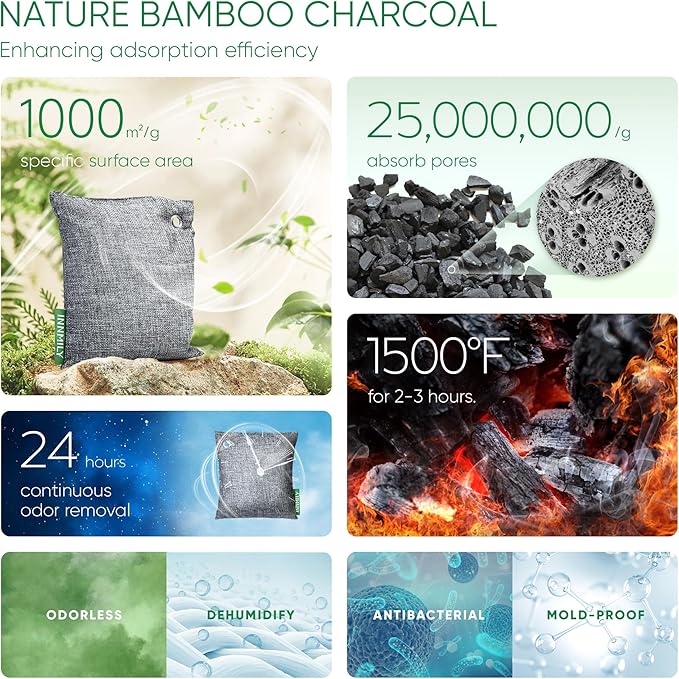 Activated Charcoal Odor Absorber,Large 4x500g w Hooks Nature Odor Eliminator for Strong Odor,Bamboo Charcoal Air Purifying Bags,Moisture Absorbers for Fresh Home Car Closet Pet,Smoke Room Deodorizer