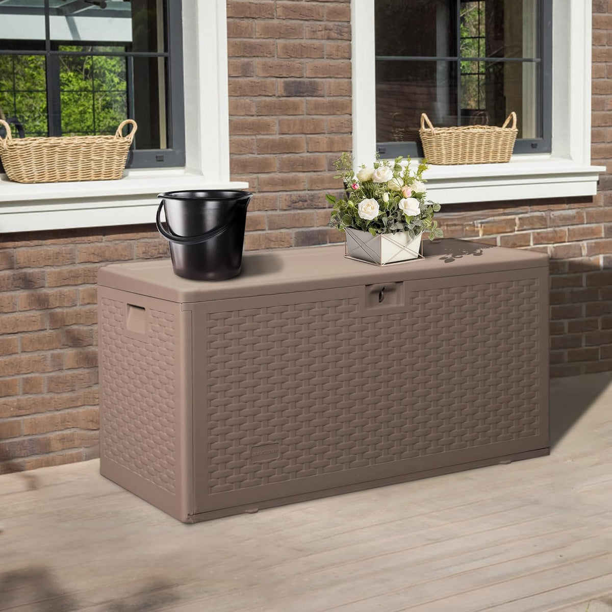 73 Gallon Pro Waterproof Outdoor Storage Pro Resin Deck Box Bin for Patio, Poolside, and Garden, Lockable & UV-Resistant, Ideal for Small Spaces, Brown