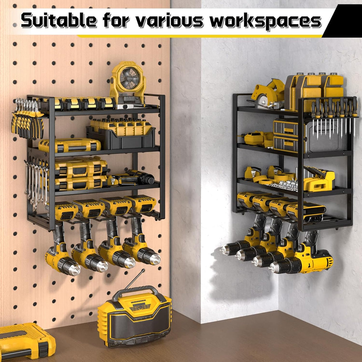 Large Power Tool Organizer Wall Mount, 8 Cordless Drill Holder, 4 Tier Metal Power Tool Shelf Battery Storage with 7 Hooks, Heavy Duty Utility Racks for Garage Workshop, Black