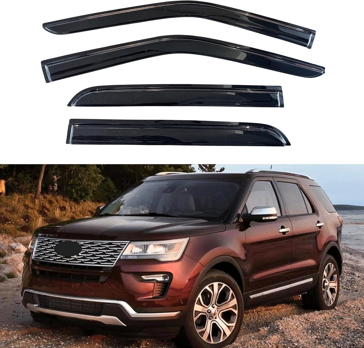 KPY Window Visor Compatible with Ford Explorer 2011-2019, 4PC Rain Guard Side Window Vent Deflectors Tape-On Mugen Style, 2011 2012 2013 2014 2015 2016 2017 2018 2019
