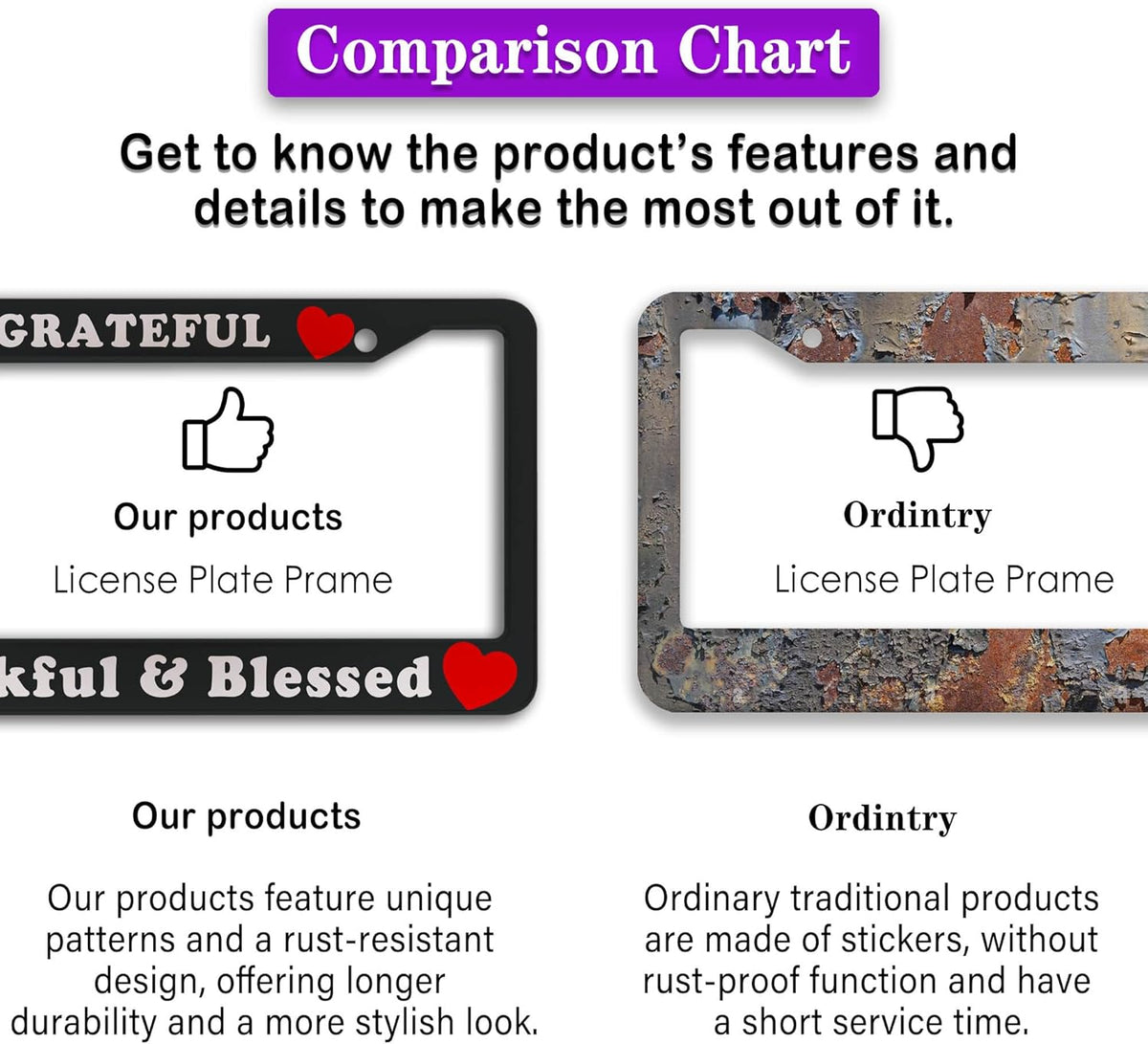 License Plate Frames Black, White, and Red License Plate Cover Grateful Thankful and Blessed Universal Aluminum Car Accessory 2 Pack with Screw Covers Set