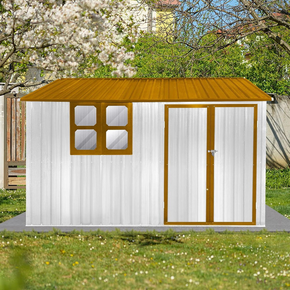 8x10 FT Outdoor Storage Shed, Metal Garden Shed with 4-pane Window, Outside Tool Shed with Lockable Hinged Doors & 4 Air Vents, Waterproof Storage Building for Backyard, Patio, Lawn, White+Yellow