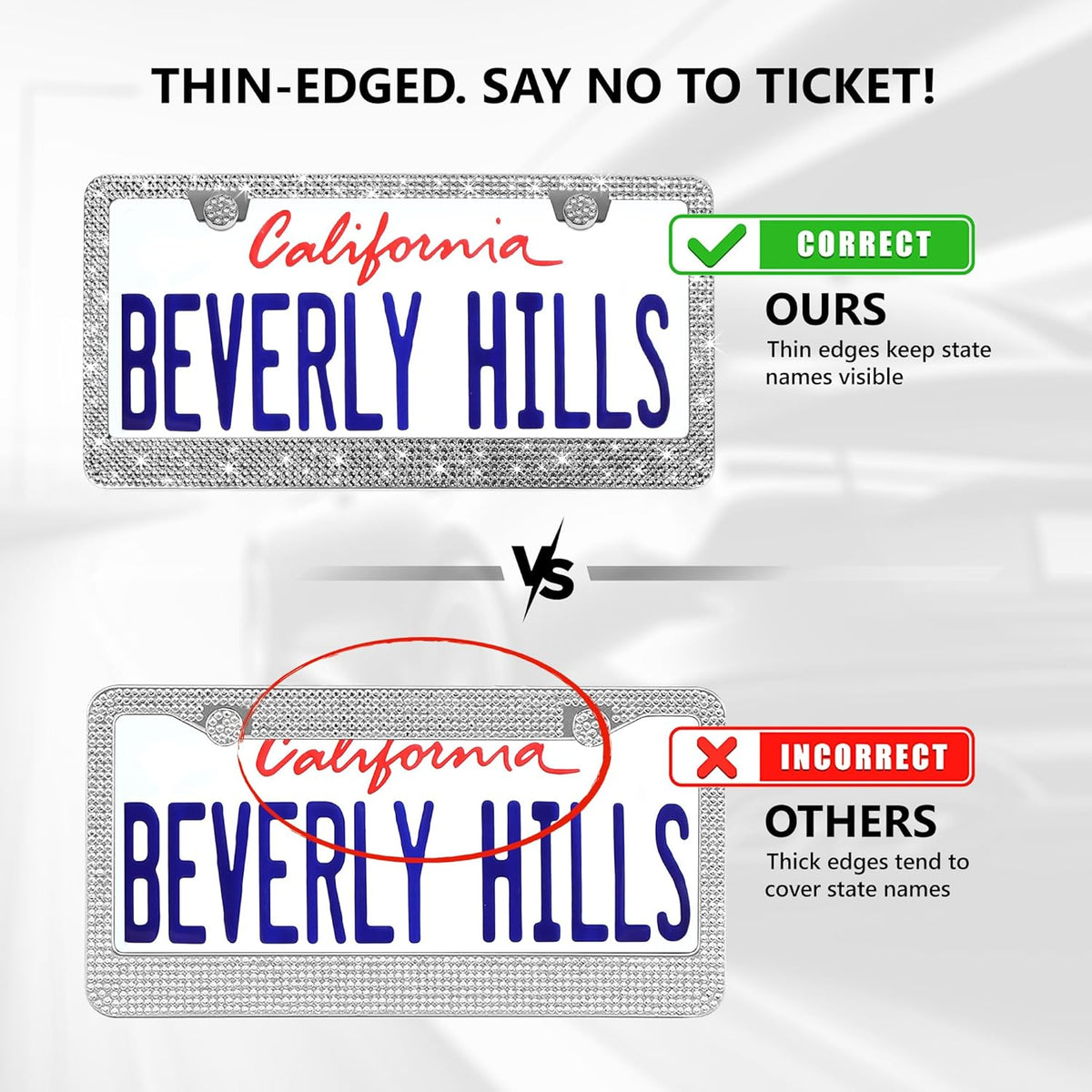 2 Pack Silver Bling License Plate Frames for Women - Stainless Steel with Diamond Sparkly Rhinestone License Plate Holder - Perfect Birthday for Auto Lovers