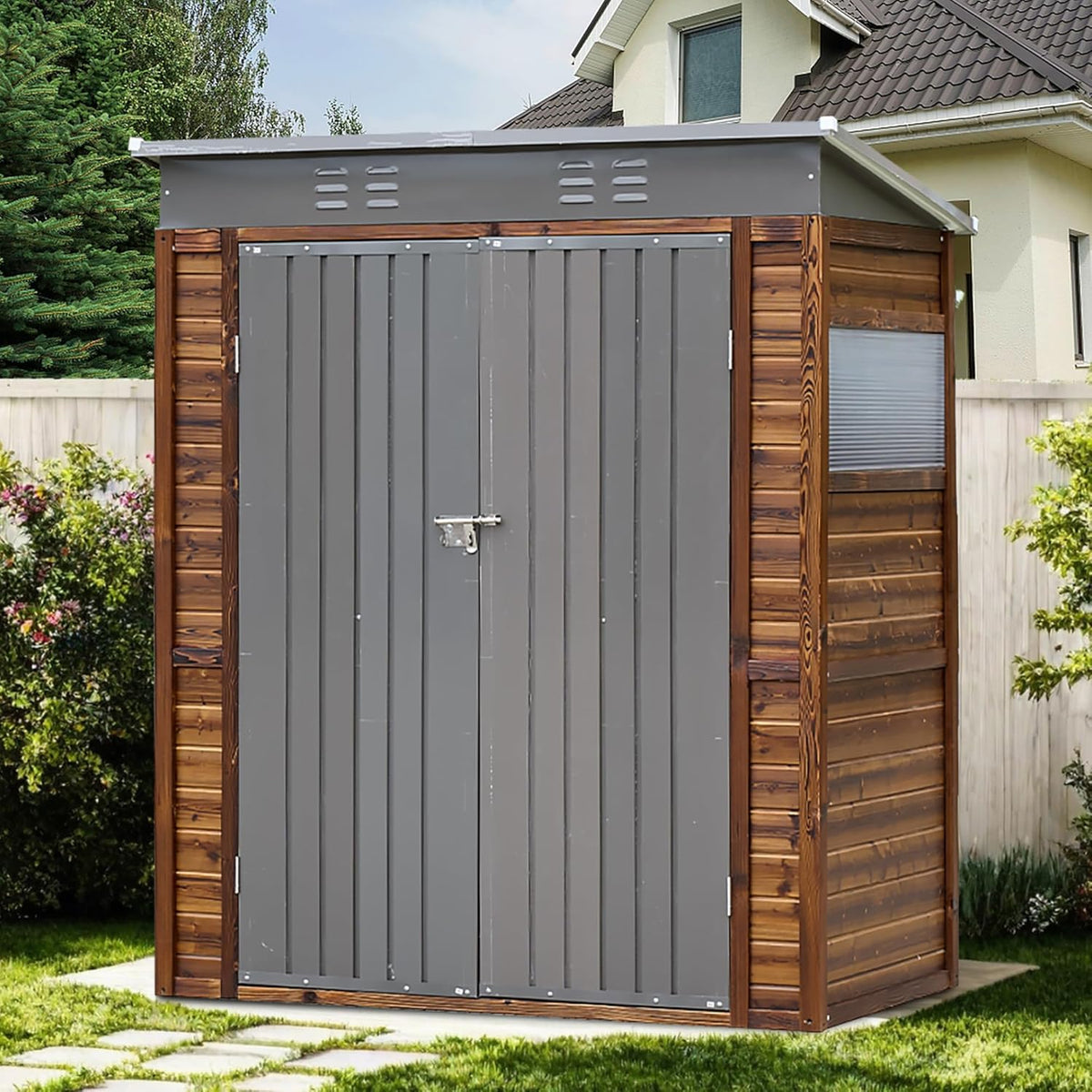 5x3 FT Outdoor Lean to Shed with Windows, Wood & Metal Tool Shed Waterproof Storage House for Outside Patio, Garden, Backyard, 4 Vents (Without Floor) Wood Color