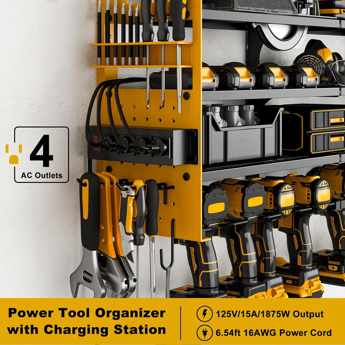 12 Cordless Drill Holder Large Power Tool Organizer Wall Mount with Side Pegboard & Screwdriver Holder, 4-Tier Heavy Duty Metal Tool Storage Rack with 4-Outlet Power Strip