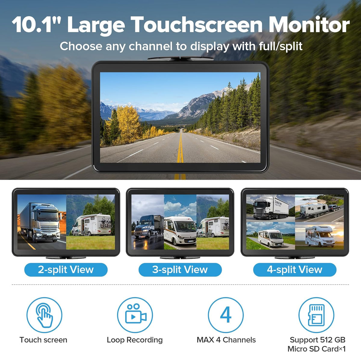 AI 4 Channel Dash Cam 1080P RV Backup Camera System with 10.1 Inch Touch Monitor,Person Detection MDVR Recording with 4pcs IP69K Waterproof Cameras for Truck/Trailer/Camper Van/SUV/Fleet