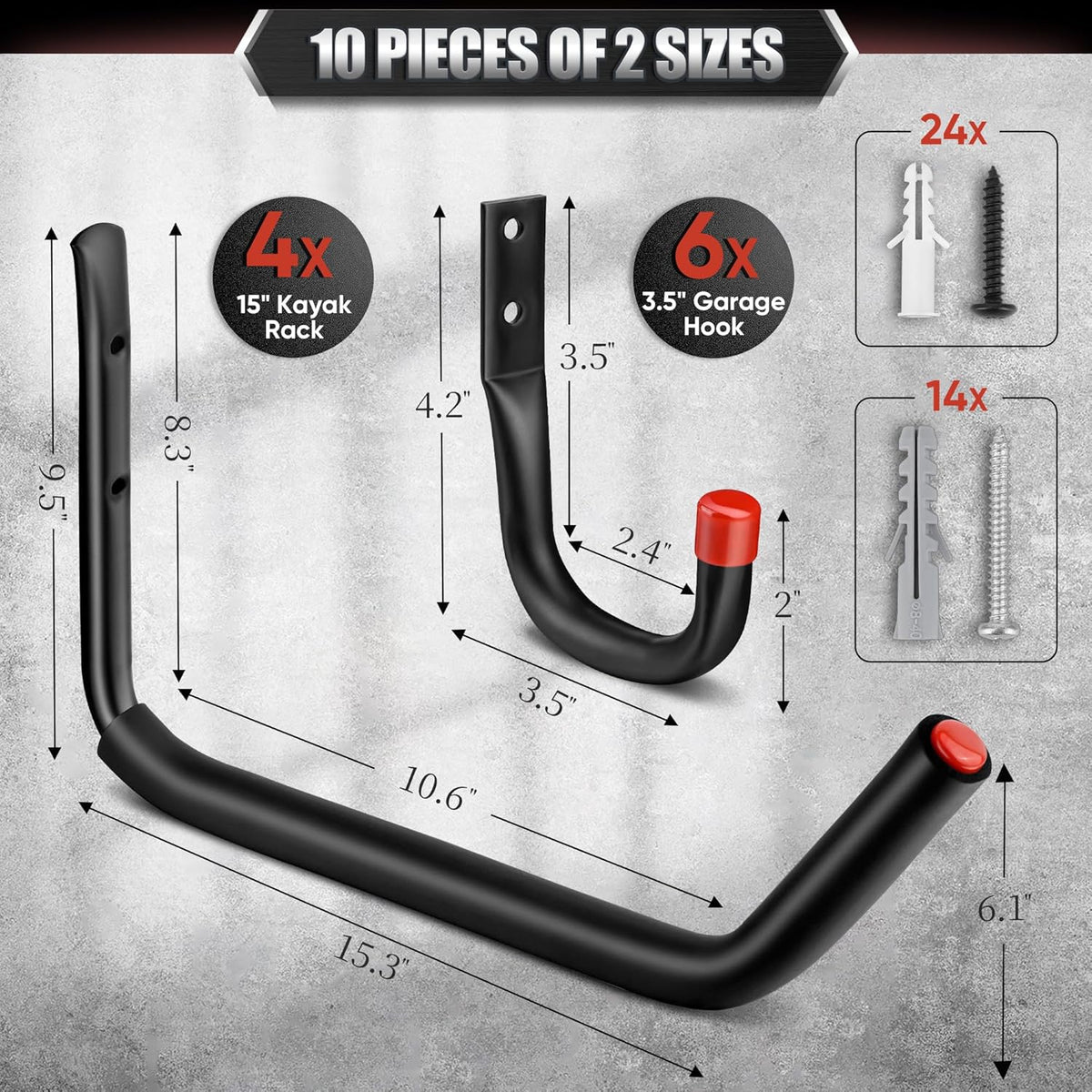 Nacial 10 Pack Garage Hooks Heavy Duty, 15" & 3.5" Kayak Storage Hook with EVA Pads, 100LBS Capacity Garage Hooks for Hanging Bikes, Kayak Folding Chairs and Hanging Ladders, Father's Day Gifts
