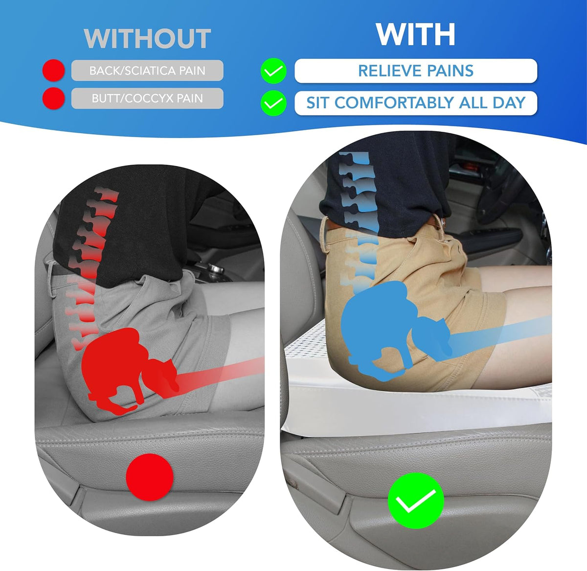 Car Seat Cushion, Comfortable Memory Foam Seat Pillow for Driving, Sciatica-Back Pain Relief, Cushion for Car-Truck, Office, Wheelchair - Gray
