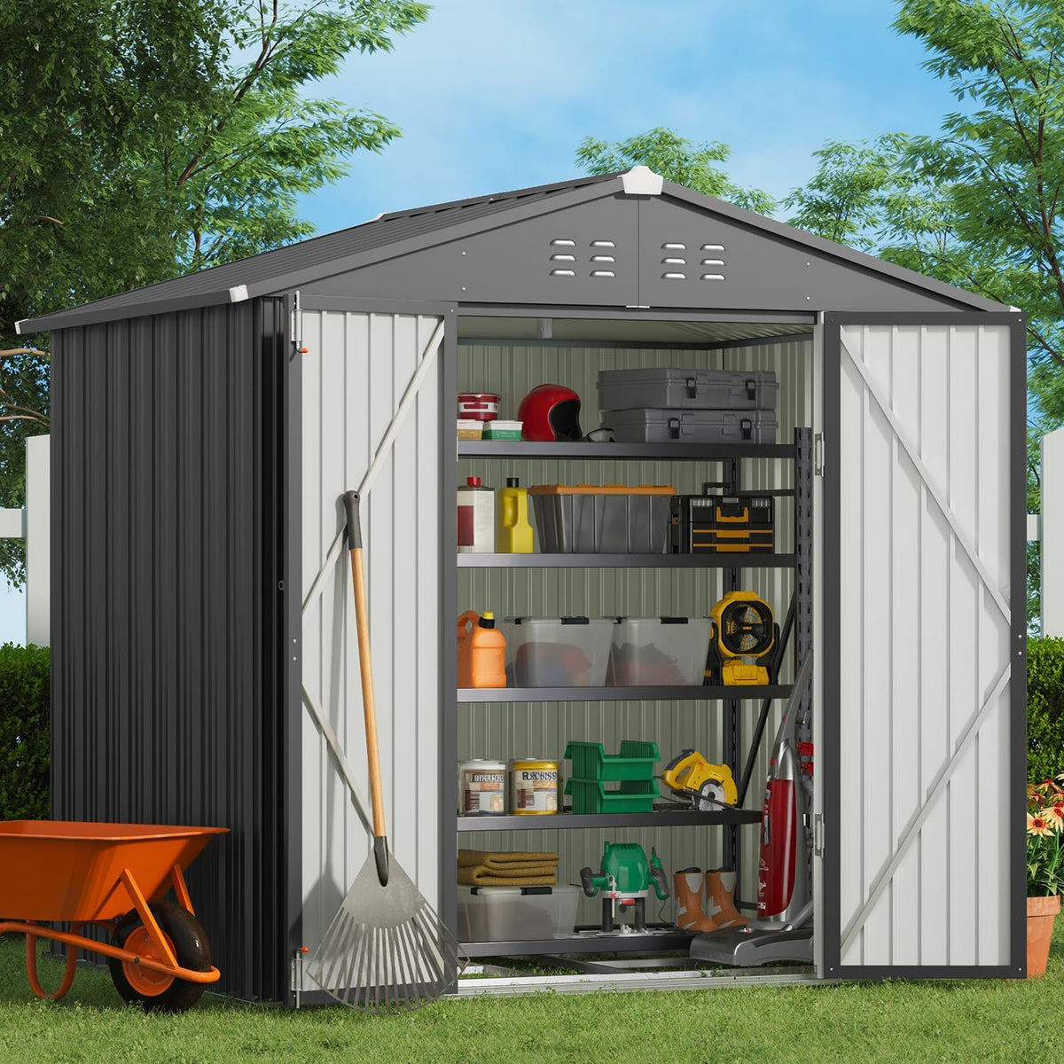 Gizoon Outdoor Storage Shed 8 x 6 FT, Galvanized Metal Garden Shed with Double Lockable Doors, Outdoor Storage Clearance for Backyard Patio Lawn-Dark Grey