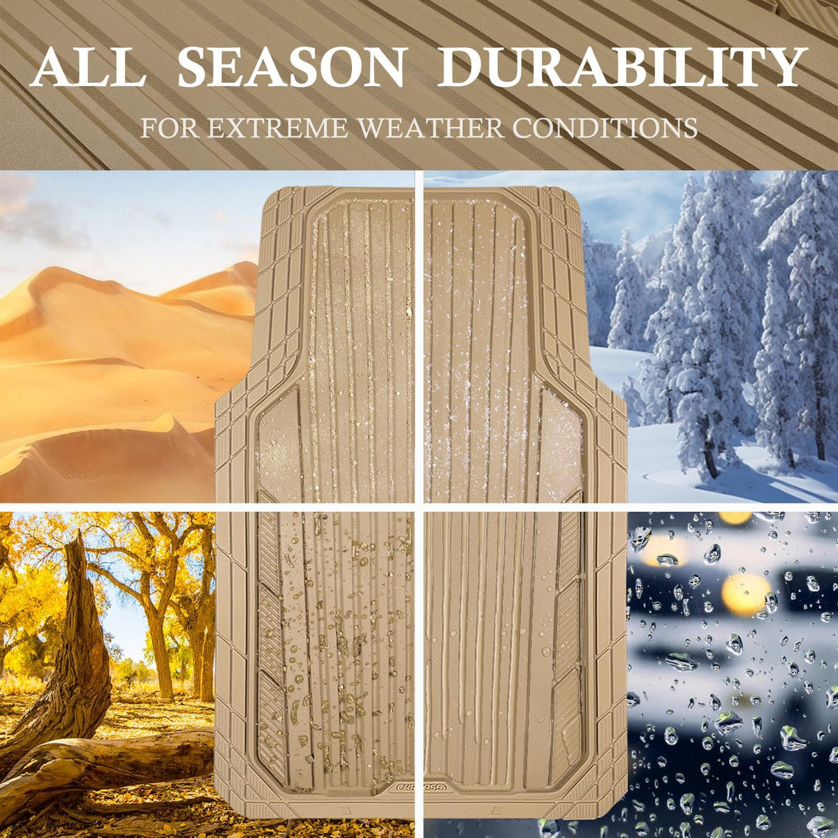 CAR PASS Heavy Duty Sporty Rubber Car Mats, Deep Dish All Weather Car Floor Mats Full Set, Waterproof Anti-Slip Automotive Matts Rugs Trim to Fit for Most Sedans SUVs, 4-Piece All Beige