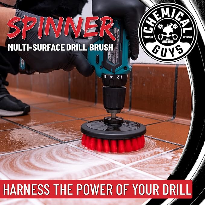 Chemical Guys ACC508 Heavy Duty Spinner Multi-Surface Drill Brush Attachment (Fits Any Standard Drill - Power Scrubber Removes Heavy Stains, Dirt & Grime from Grout, Tubs & Showers), Red