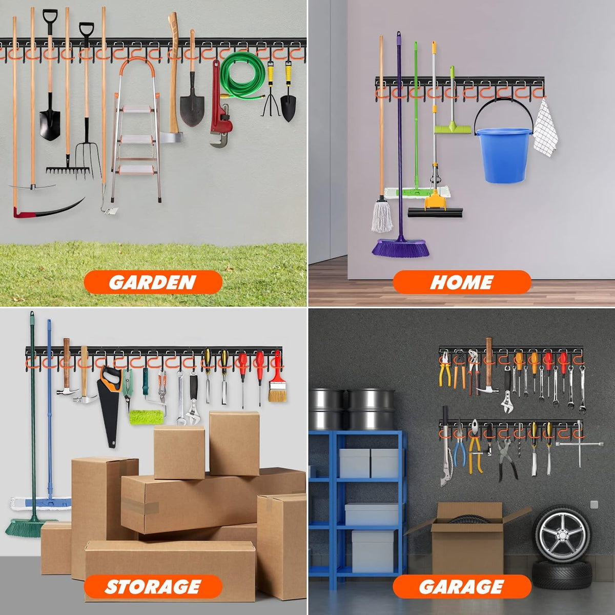 34'' All Metal Garden Tool Organizer Wall Mount Garage Organizers and Storage with Hooks Tool Hangers for Shed