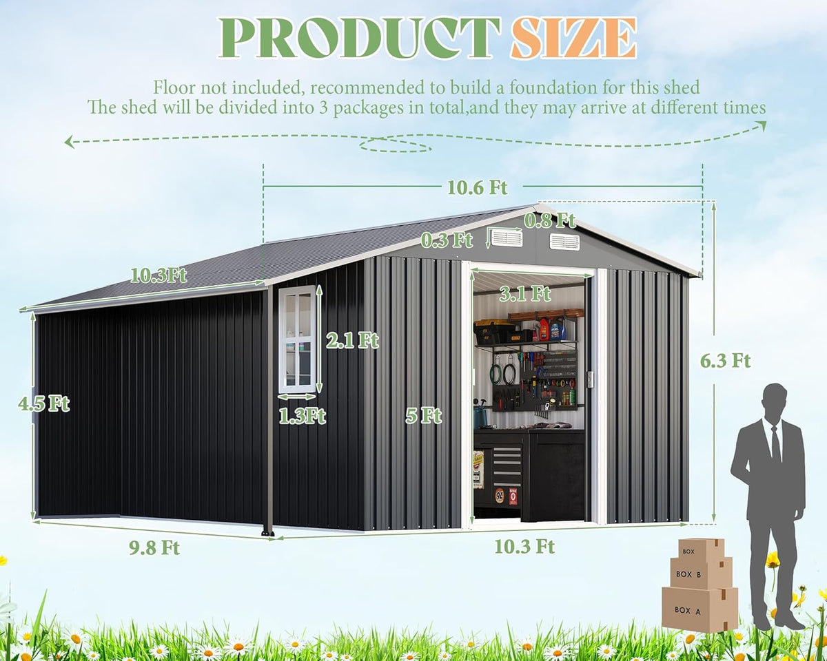 Jocisland 10.6x10.3x6.3 FT Galvanized Metal Storage Shed with Open Firewood Bay, Sliding Doors & Ramp, 2 Windows & Vents, Weather-Resistant Outdoor Tool/Garden Shed, Dark Grey/White