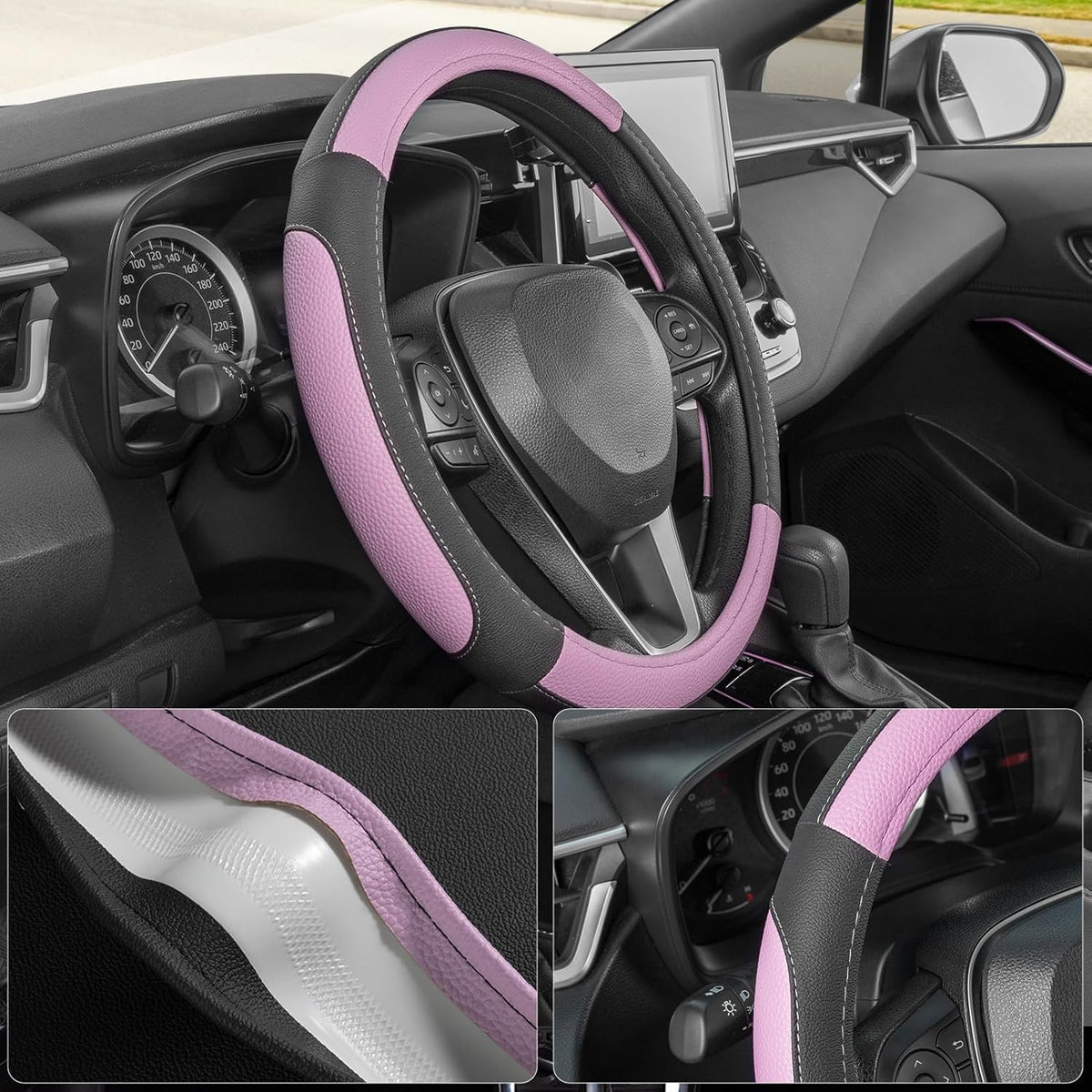 SEG Direct Steering Wheel Cover for Car, Standard Size 14.5-15 inch, Auto Interior Accessories, Black and Light Purple