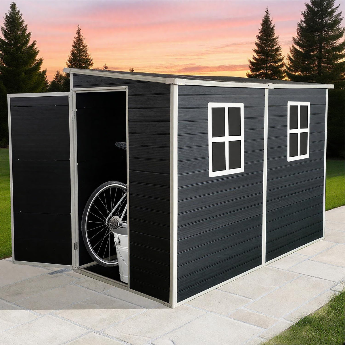 4x8 FT Outdoor Storage Resin Shed with Floor,Waterproof Plastic Garden Bike Shed with Lockable Door, Sloped Roof, Vents & Windows, Easy Assembly Tool Shed for Lawn, Backyard, Patio, Black