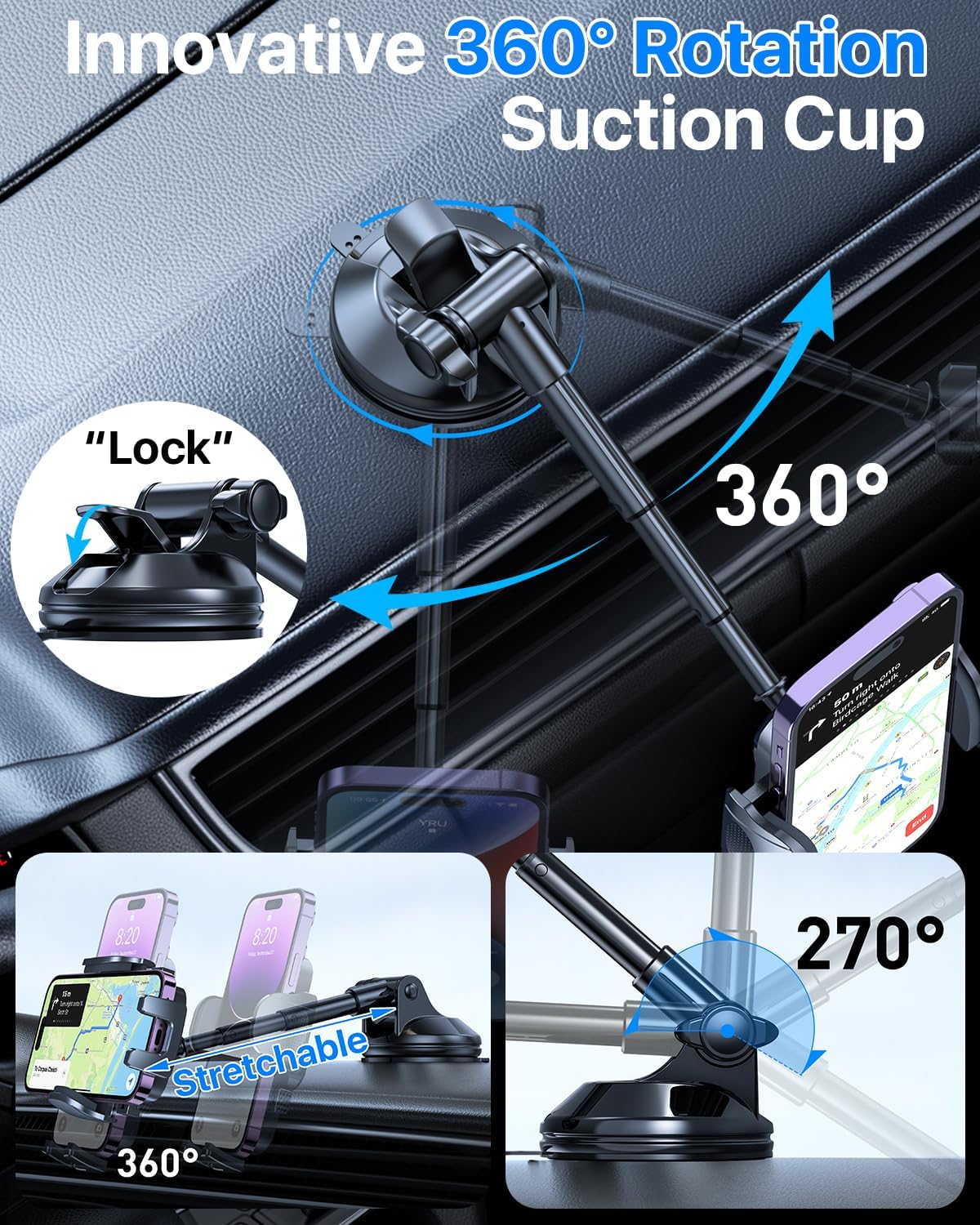 [2025 True Military-Grade] Car Phone Holder [Upgraded Strongest Suction & Clip] Cell Phone Mount for Dashboard Windshield Vent,Truck Cradle Stand for iPhone 16 Pro Max Samsung Android (Black)