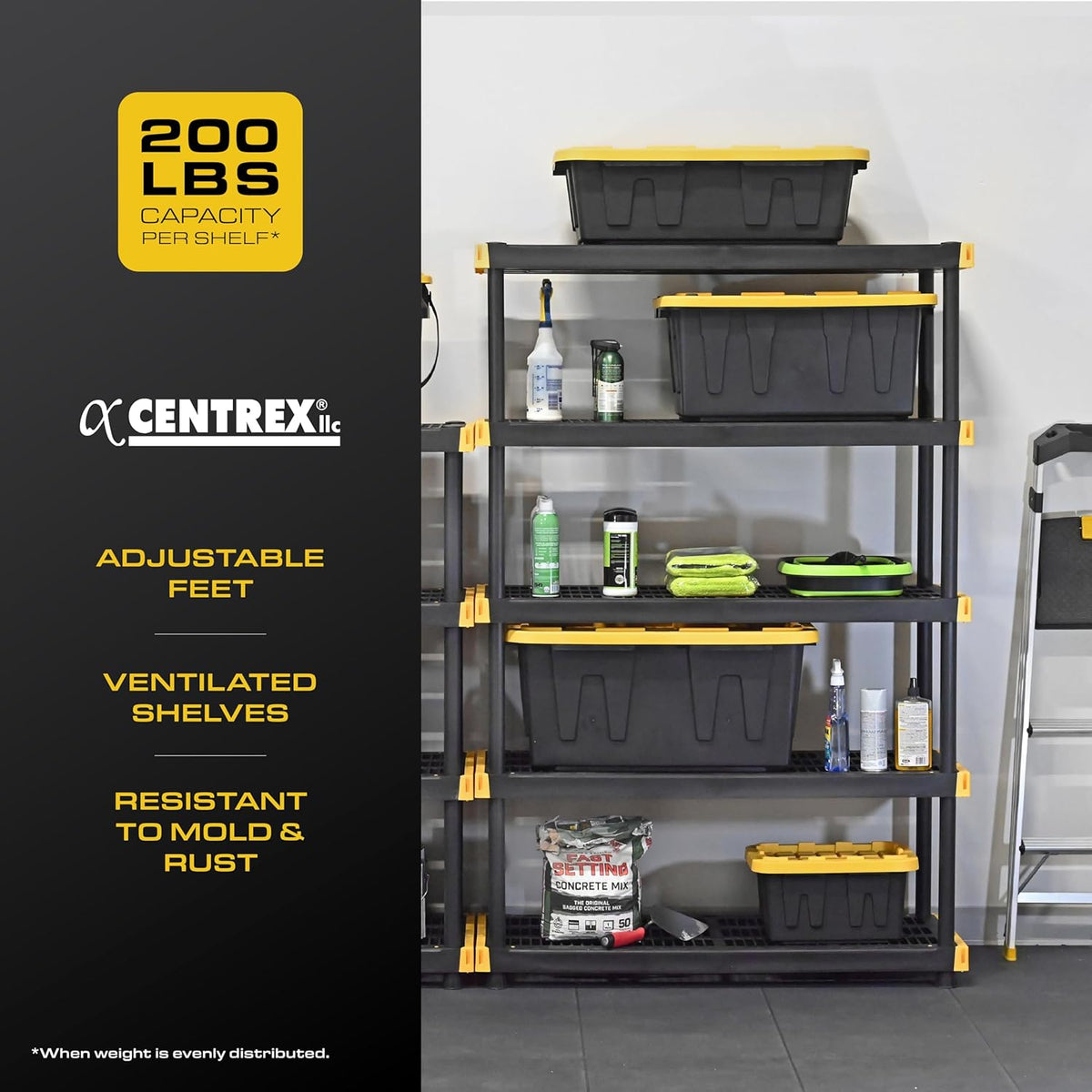 CX Black & Yellow®, 5-Tier Heavy Duty Plastic Storage Shelving Unit, 200lbs/shelf (72”H x 48”W x 20”D), for Indoor/Outdoor Organization, Modular Rack