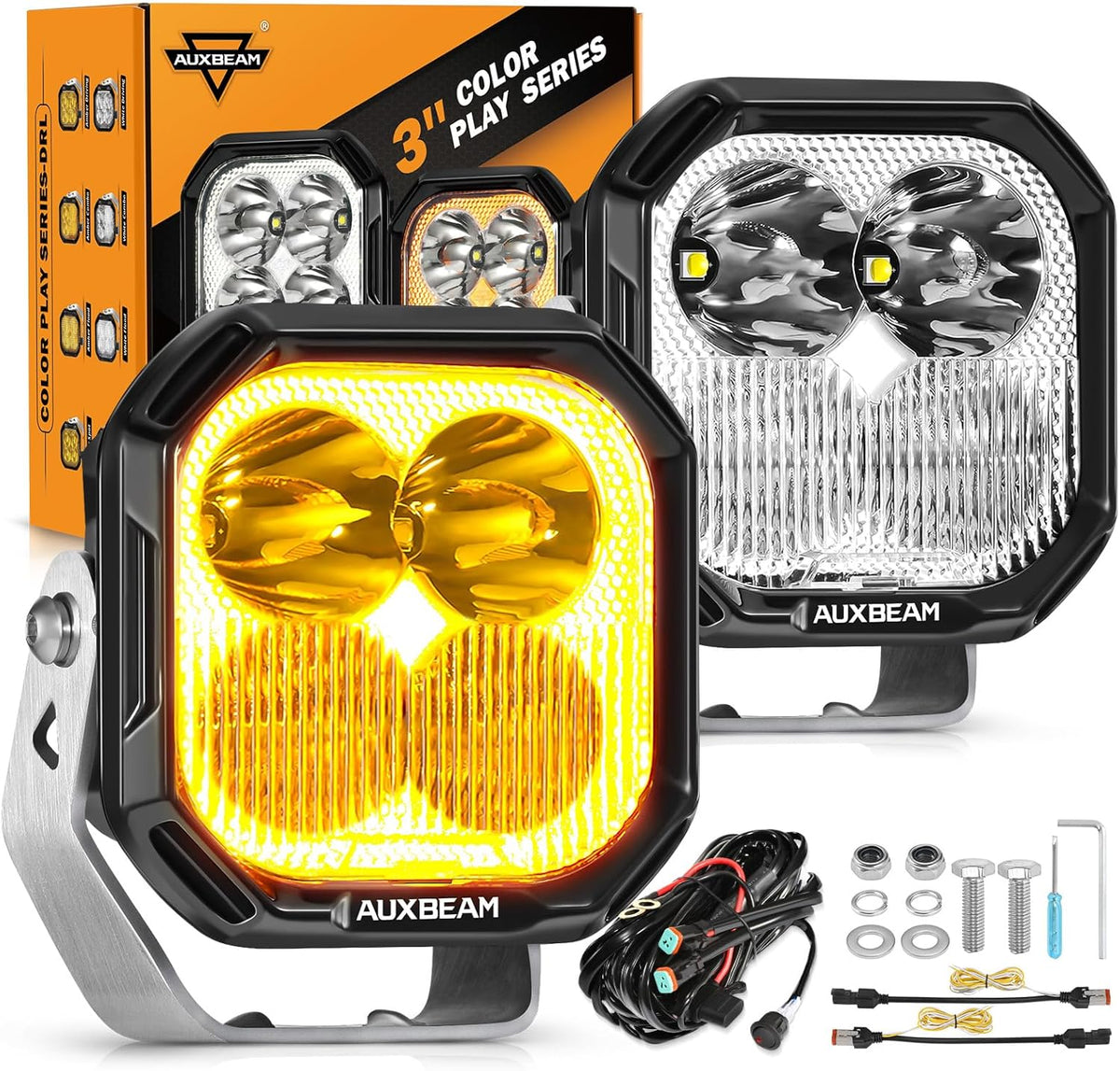 Auxbeam Color Play Series 3 Inch LED Pods, Offroad Light with Amber/White DRL & Turn Signal 100W Spot Flood Combo Beam Off Road Lighting Fog Cube Ditch Light Bar for 4x4 Jeep Truck, 2 Years Warranty