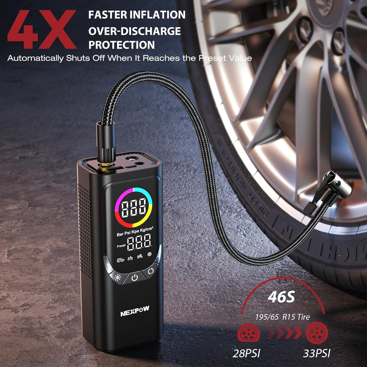 NEXPOW NP17 Portable Air Compressor, 150 PSI Digital Tire Inflator, Fast Inflation with Auto Shut-Off, LED Light, Multiple Nozzles for Car, Bike, and Ball, Compact Design, Grey