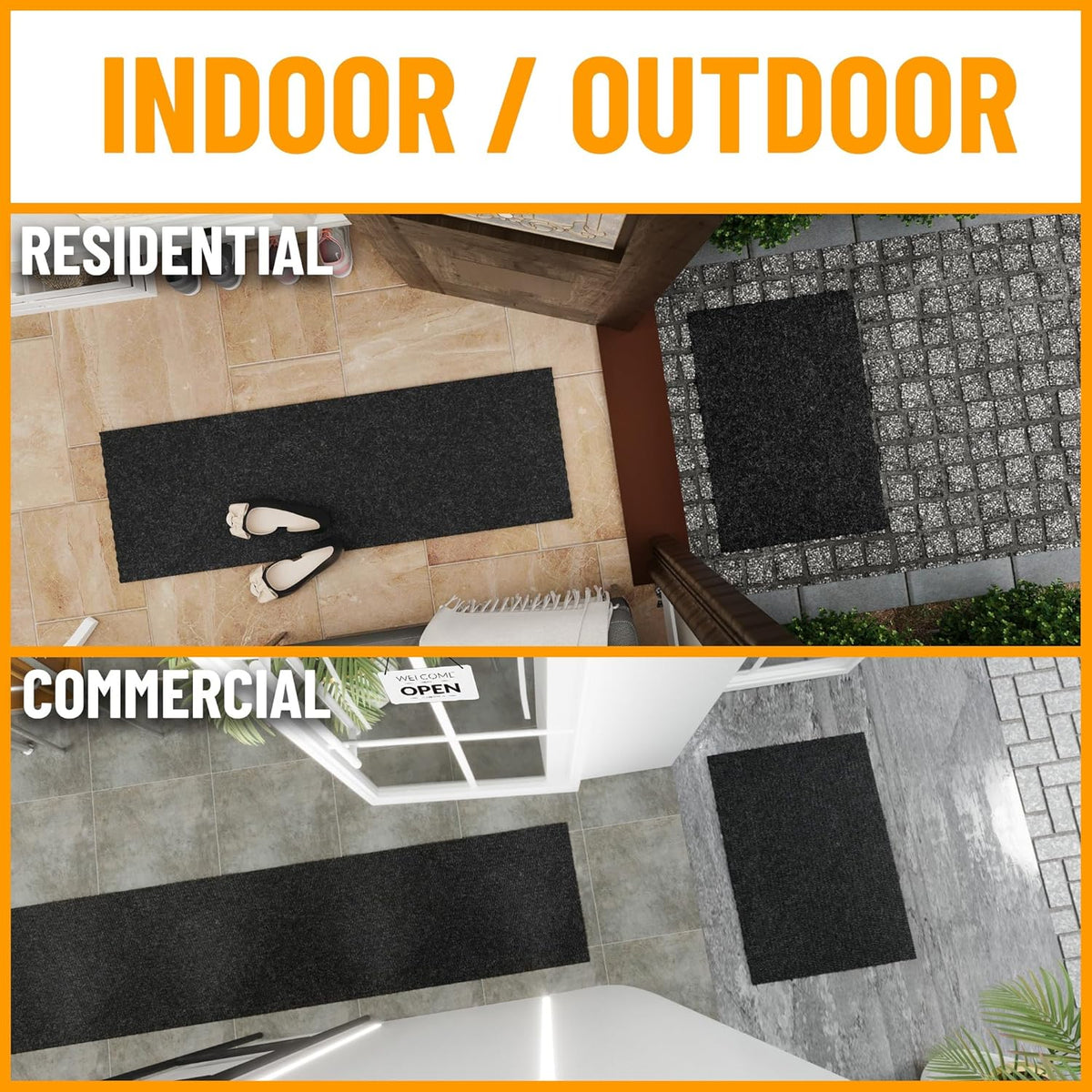 Ottomanson 2' x 35' Hallway Runner with Scraper Pile Extra Durable Non-Slip Rug Mat for Indoor & Outdoor Use - Ideal for Kitchen, Entryway, Patio & Garage - High-Traffic Carpet, Black