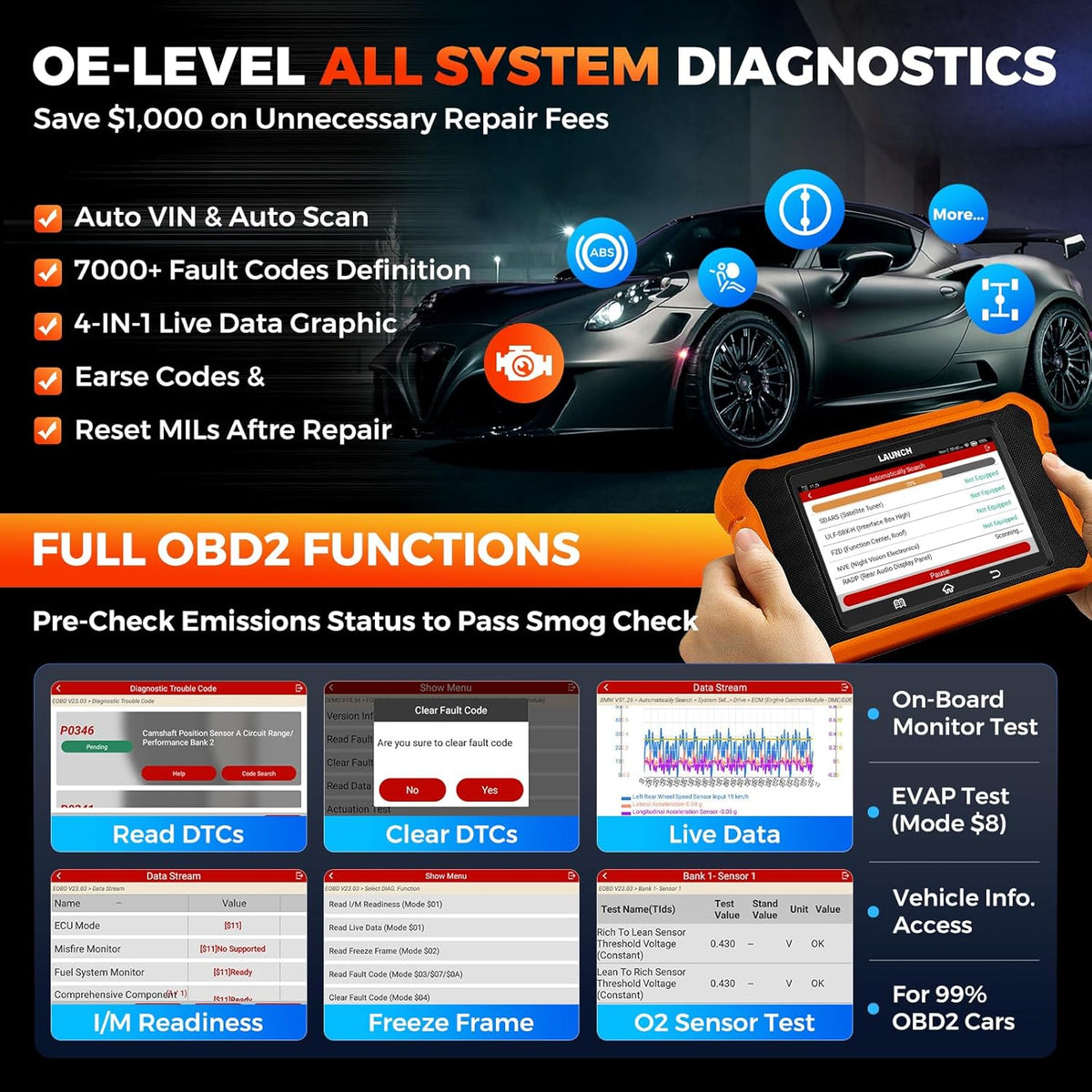 LAUNCH Creader Elite V2.0 for Land Rover Jaguar OBD2 Scanner, Bi-Directional Full Systems Diagnostic Scan Tool, All Reset Services, Active Test, Battery Reset, Height Calibration, Lifetime Free Update