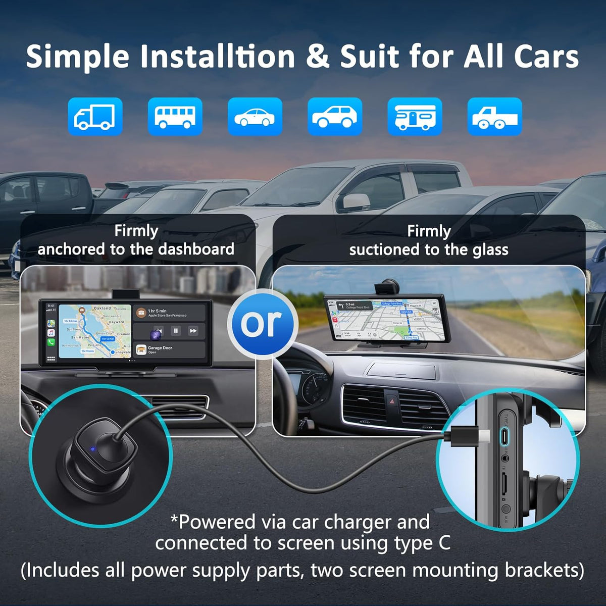 Apple carplay & Android Auto,Wireless Double din 10.26 inch Dash Cam with Front Camera and Backup Camera.GPS Navigation,Mirror Link/Voice Control/Bluetooth for Car RV Pickup Bus Trailer.etc