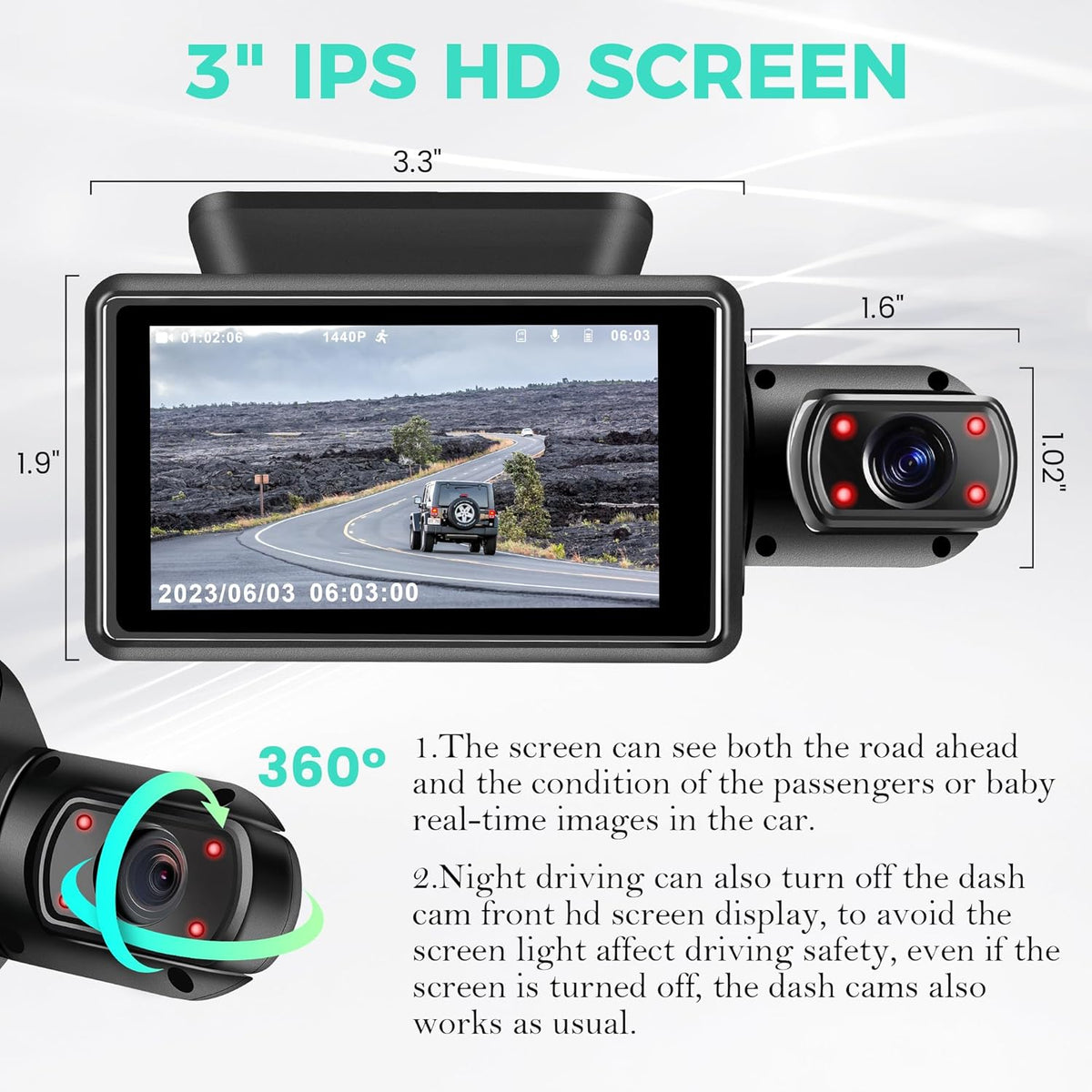 Dual Dash Camera for Cars, Dash Cam Front and Inside, 1440P Dashcam Front + 720P Inside Car Camera, 3'' Car Monitor with 32G SD Card, Night Vision G-Sensor Loop Recording Essential Car Accessories