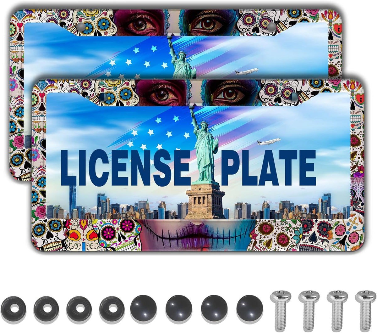 License Plate Frames for Women Multicolor Plate Cover for Men Sugar Skull Universal Aluminum Car Accessory 2 Pack with Screw Covers Set