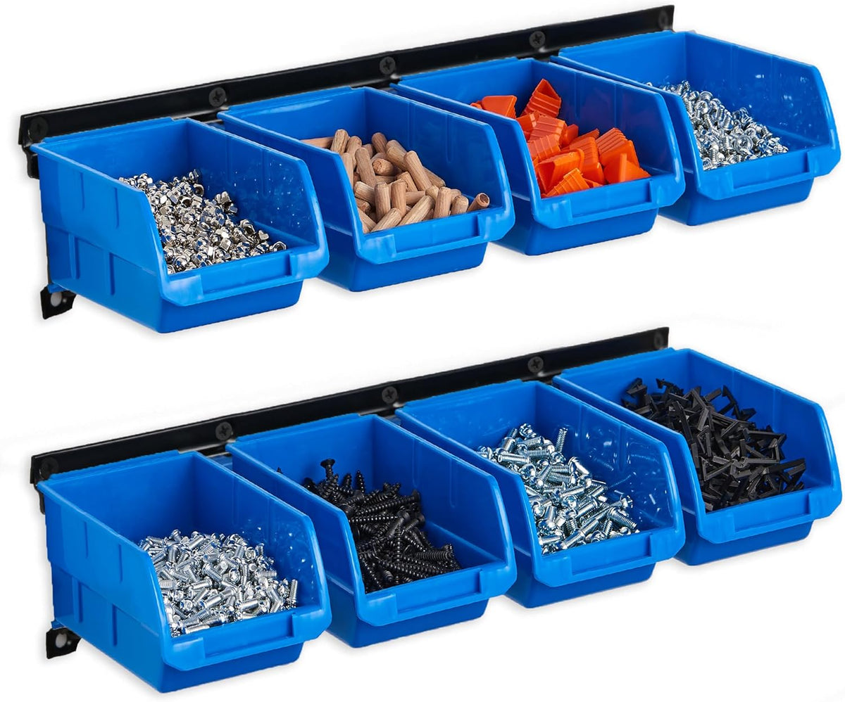 Wallmaster 8-Bin Storage Bins Garage Rack System 2-Tier Orange Tool Organizers Cube Baskets Wall Mount Organizations (Blue)