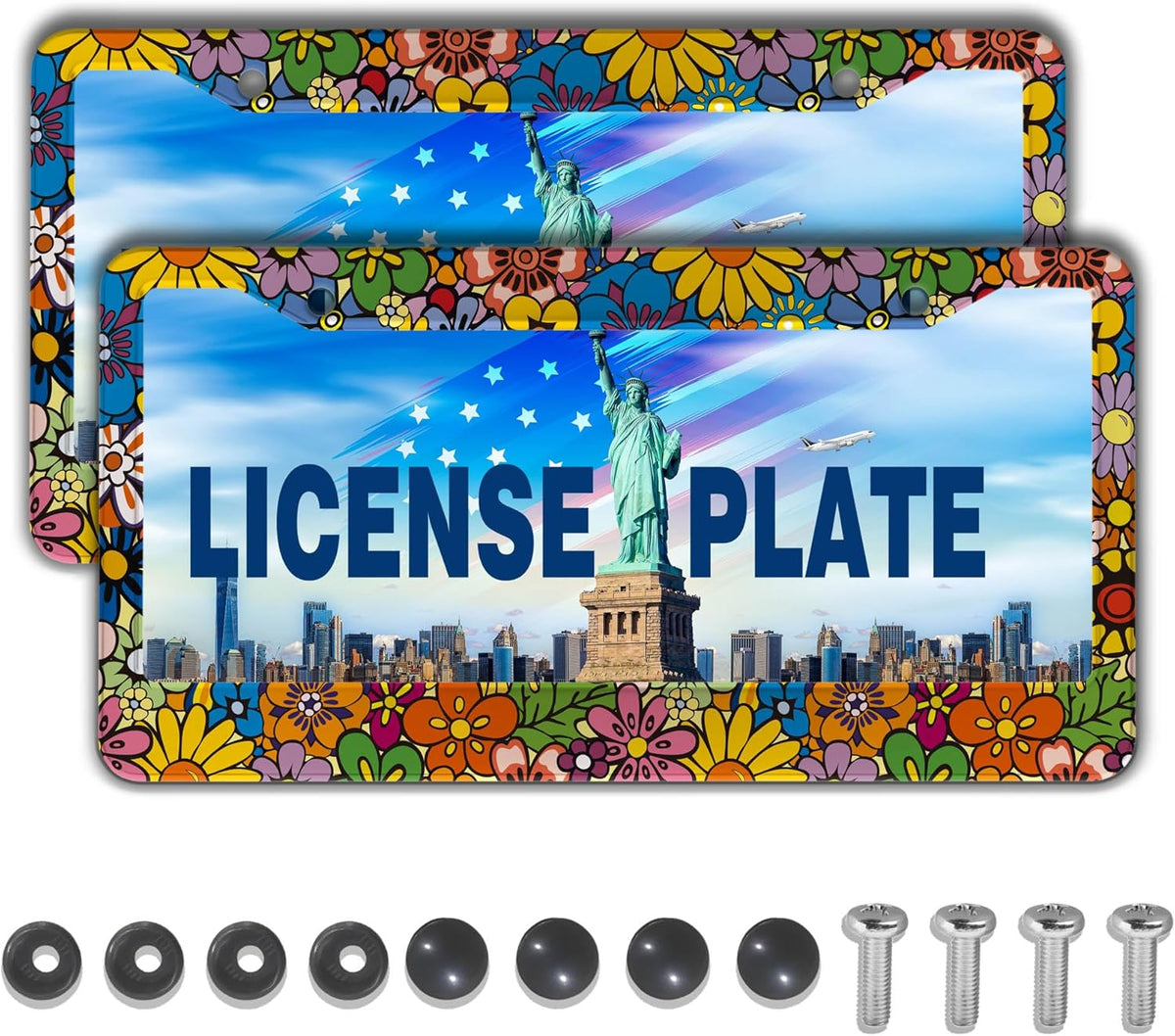 License Plate Frames Multicolor Car Plate Frames Abstract Hippie Flowers Universal Aluminum Car Accessory 2 Pack with Screw Covers Set