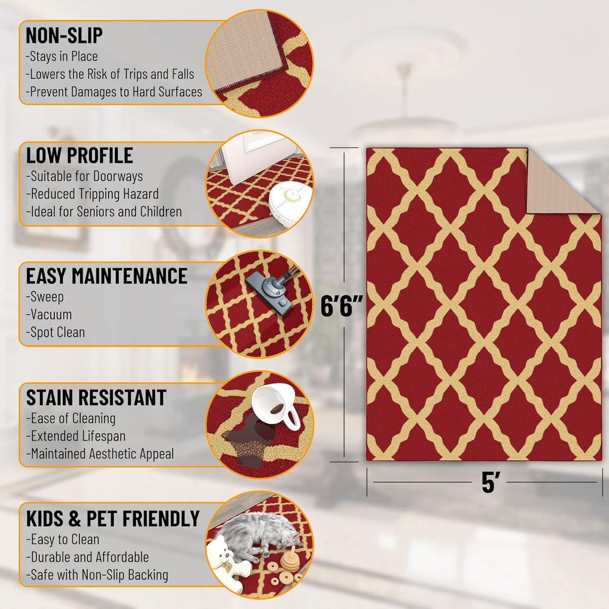 Ottomanson 5' x 6'6" Rugs for Living Room Trellis Area Rug for Bedroom - Non Slip Durable Large Floor Carpet for High Traffic Areas - Indoor Rug for Dining Room Kitchen Kids Playroom, Red