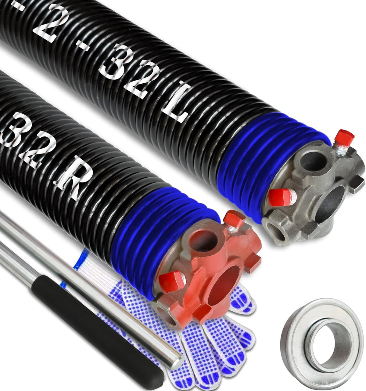 Garage Door Torsion Spring Set, Pair of 2" Electrophoresis Coated Garage Door Spring Replacement with 2 Non-Slip Winding Bars and Bearing, Minimum 16000 Cycles (.262x2x32")
