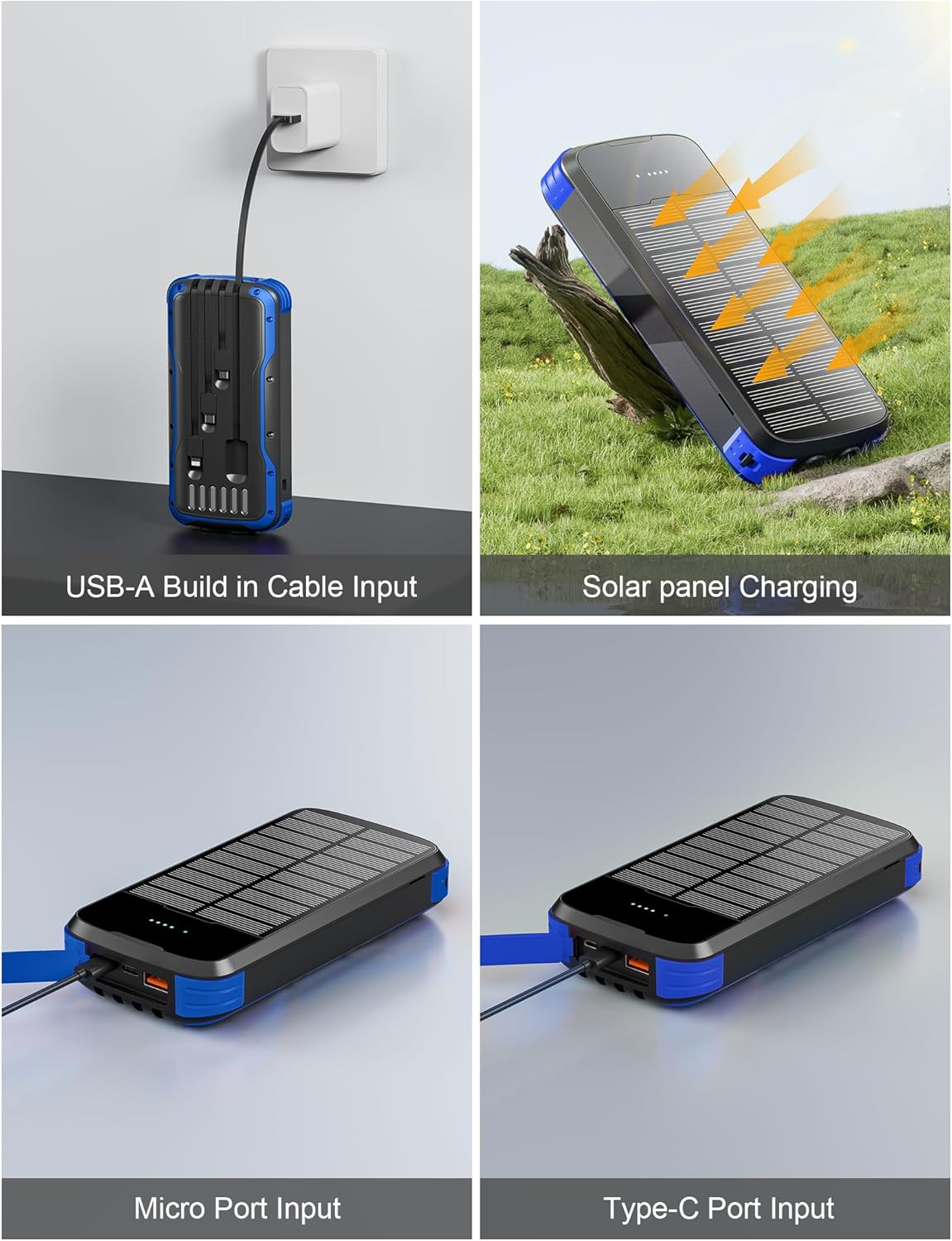 Solar Charger Power Bank, 40000mAh Portable Phone Charger Built in 4 Cables with USB C in/Output, PD 20W Fast Charging Portable Charger, External Battery Pack with Dual Bright Flashlights