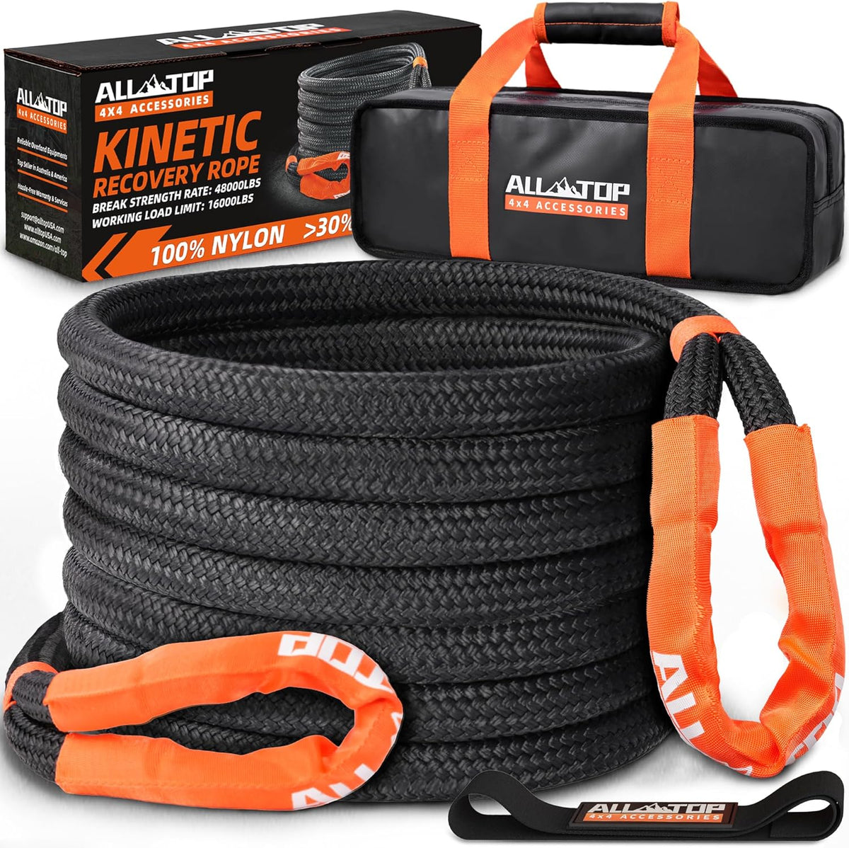 ALL-TOP Kinetic Recovery Rope, 48000Lbs, 1in x 30ft, Heavy Duty 30+% Elasticity, 16000Lbs Work Load Limit for 4x4 Offroad Vehicle