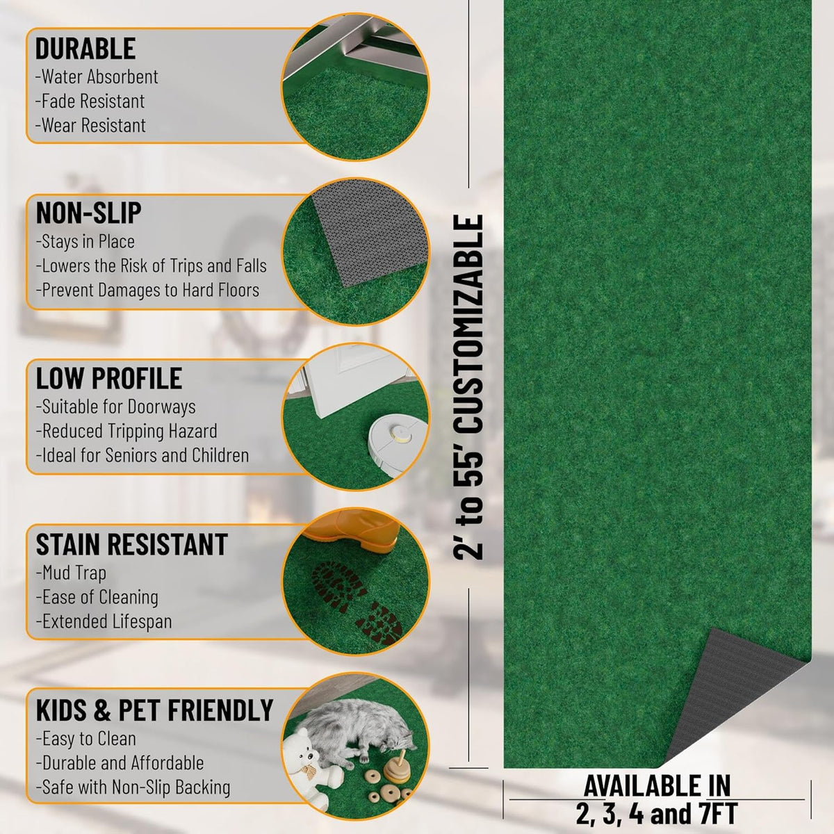 Ottomanson 6'6" x 8' Mud Mat Area Rug Scraper Carpet - Non-Slip, Dirt Trapping for Indoor & Outdoor Use - Ideal for Entryway, Garage, Kitchen, Patio & High-Traffic Areas, Green