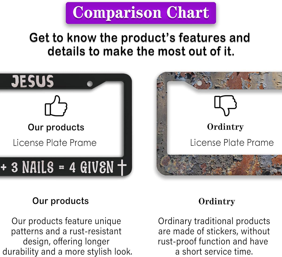 Fun License Plate Frame Cover Black and White License Plate Frames Jesus 1 Cross 3 Nails 4 Given Universal Aluminum Car Accessory 2 Pack with Screw Covers Set