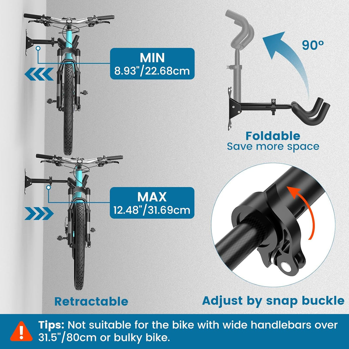 Bike Wall Mount - [1 Pack] EVA Foam Padded up to 48.5 lbs, Carbon Steel, Valve Mechanism, Heavy-Duty Adjustable Bike Wall Hanger for Road, Mountain and Hybrid Bikes, Garage & Apartment