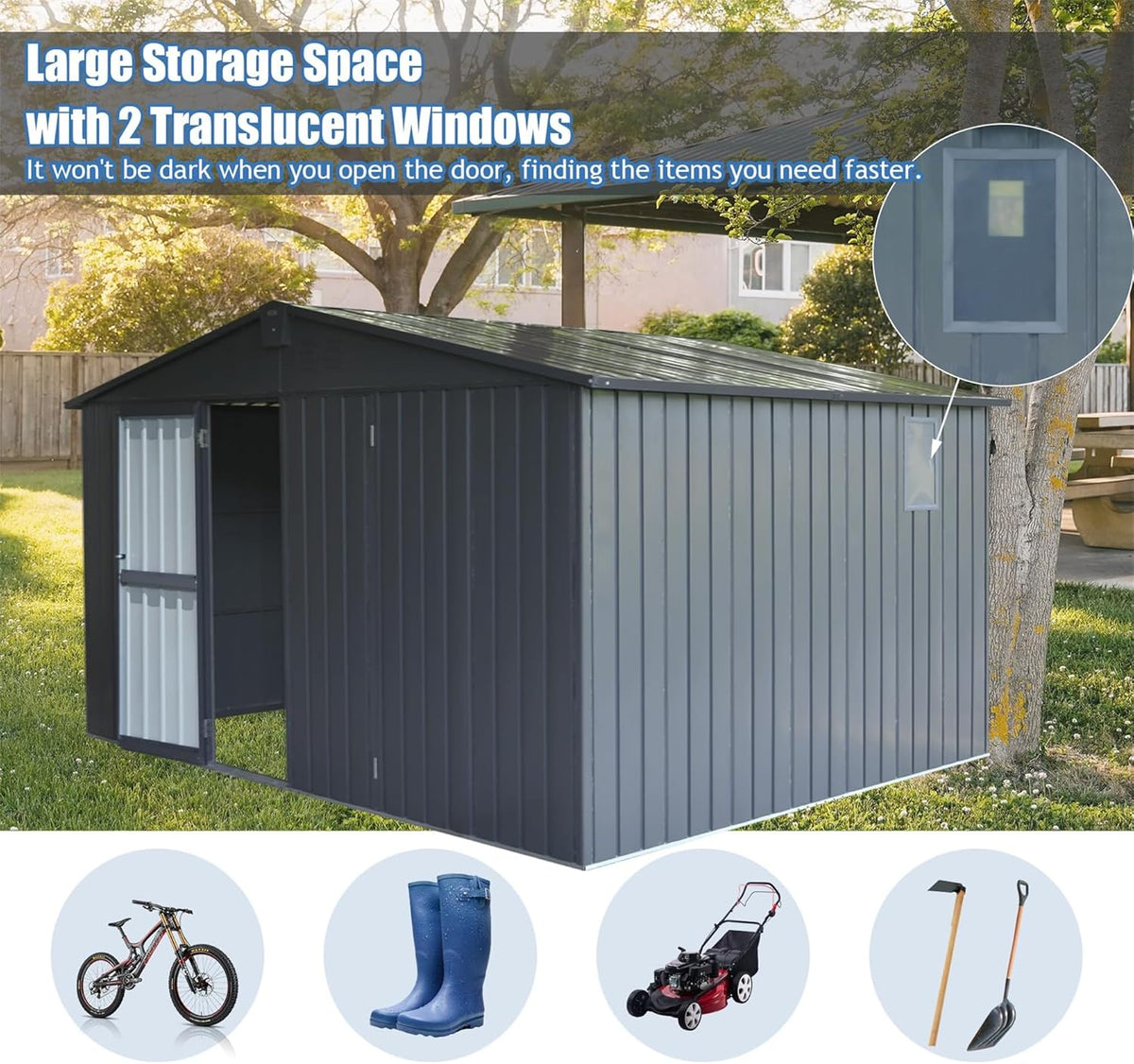 IKERY Extra - Large Galvanized Steel Storage Shed - 11' x 12.5' with Windows and Lock, Garden and Utility Tool Shed for Backyard and Patio, Dark Gray