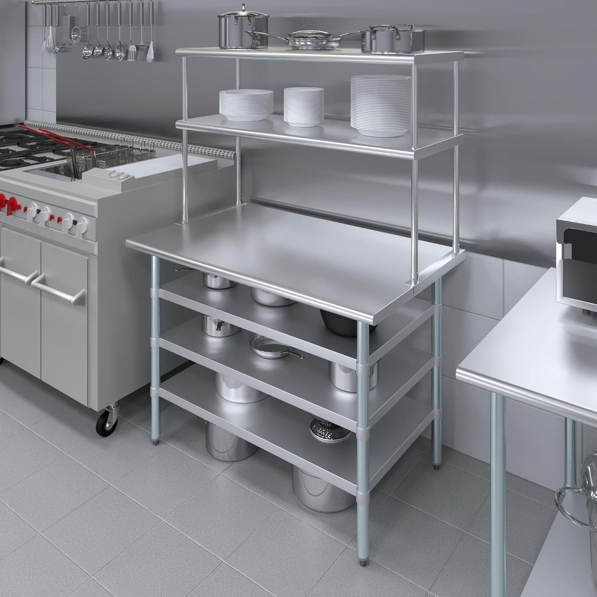Amgood 30" x 48" Stainless Steel Work Table with 3 Shelves and 18" Wide Double Tier Overshelf | Metal Kitchen Prep Table & Shelving Combo | NSF