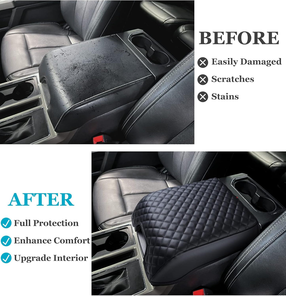 Center Console Cover for Ford F150 2015-2020, Armrest Cover for F250 F350 F450 2017-2022, Expedition 2018-2024, PU Leather Car Truck Interior Accessories Middle Console Cover, Bucket Seat