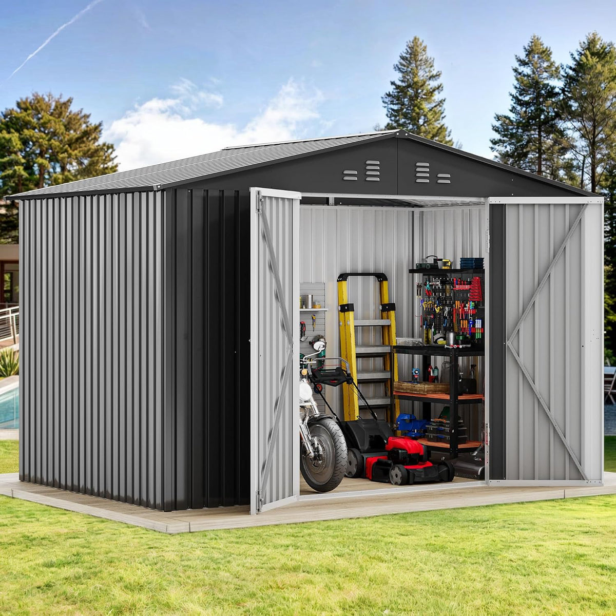 DWVO Storage Shed 9x6 FT for Bicycle Functional Metal Tool Shelter Garden Storage Unit with Airflow Windows, Secure Entry Lock, Water-Resistant Waste Enclosure for Outdoor Patio Garden (Dark Dray)