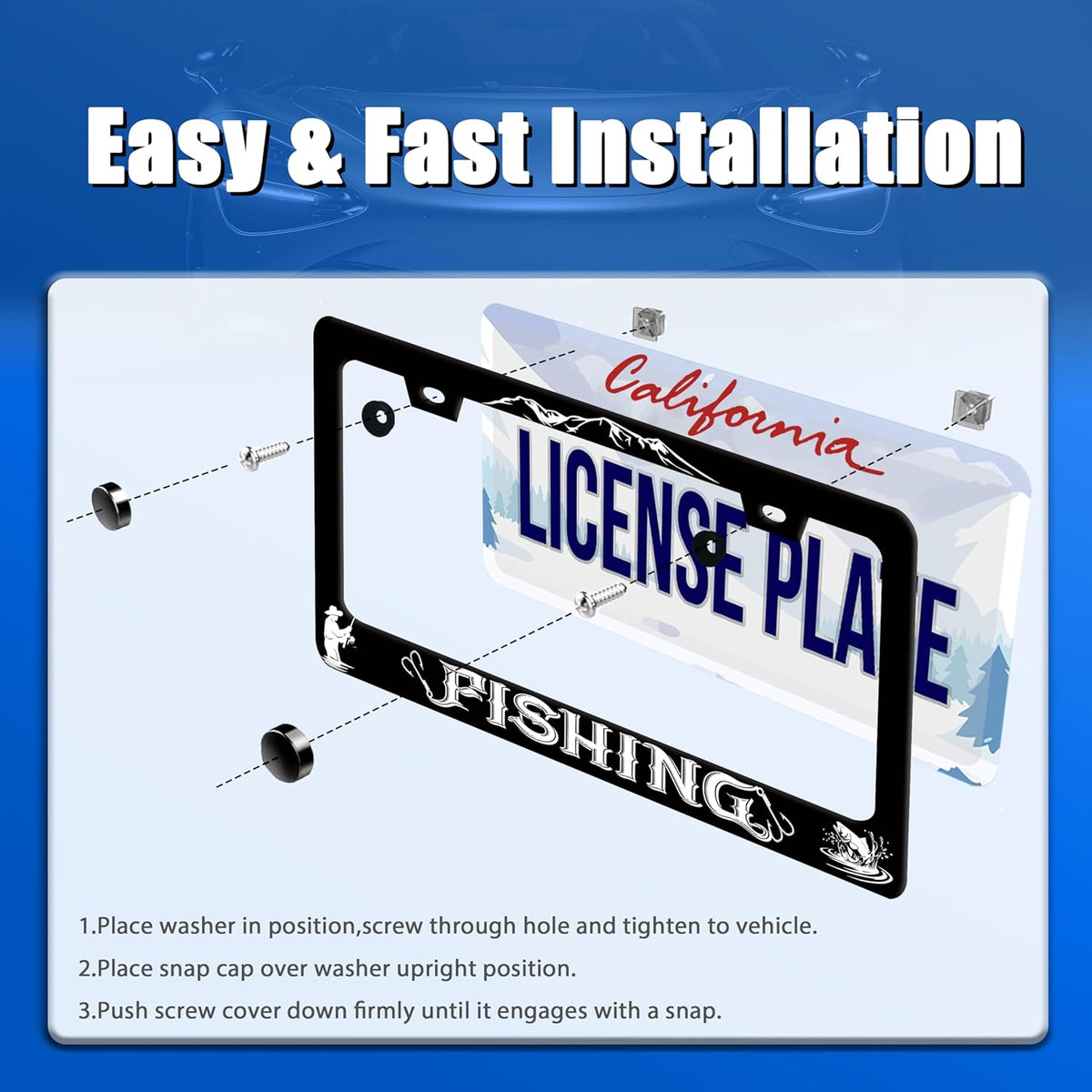 Fishing License Plate Frame Personalised License Plate Stainless Steel Funny Fish License Plate Holder for Men Women Universal Black Car Accessories Decoration 12.3" x 6.3"