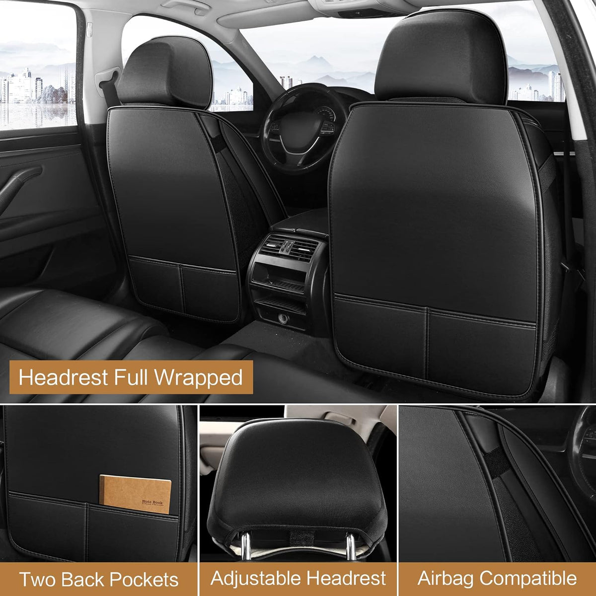 Pariitadin Leather Car Seat Covers Front Pair, Waterproof Breathable Faux Leather Automotive Seat Covers for Cars, Non-Slip Car Interior Covers Universal Fit Most Cars Sedans Trucks SUVs, Black