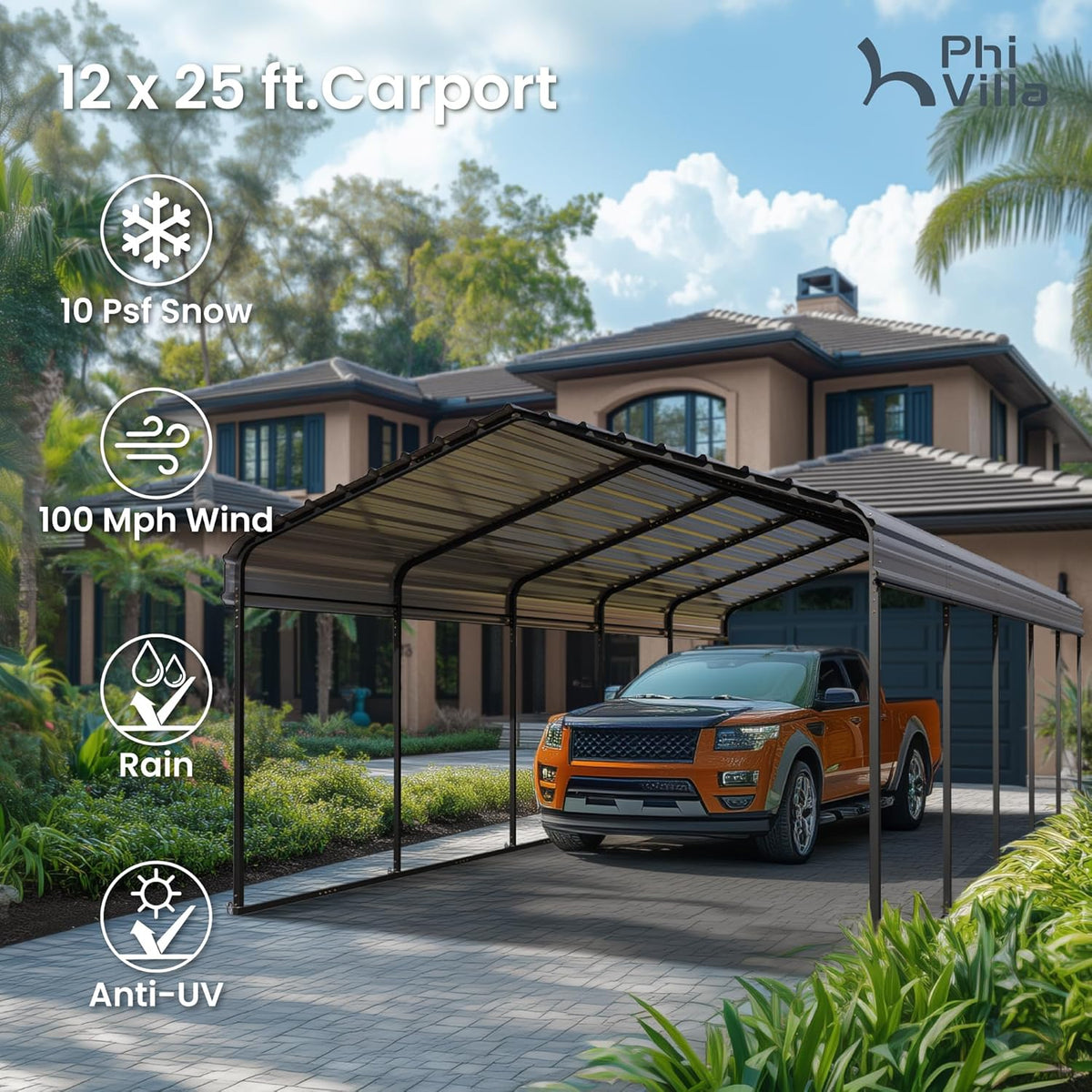 PHI VILLA Outdoor Carport Canopy 12' x 25', Metal Carport Tent Heavy Duty, Garage Car Shelter Shade with Metal Roof, Frame and Bolts for Car, Truck and Boat