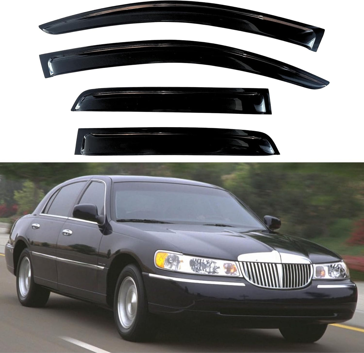 KPY Window Visor Compatible with Lincoln Town Car Sedan 1998-2010, Rain Guard Window Vent Deflectors Tape-On Style, 1998 1999 2000 2001 2002 2003 2004 2005 2006 2007 2008 2009 2010 (Sedan Only)